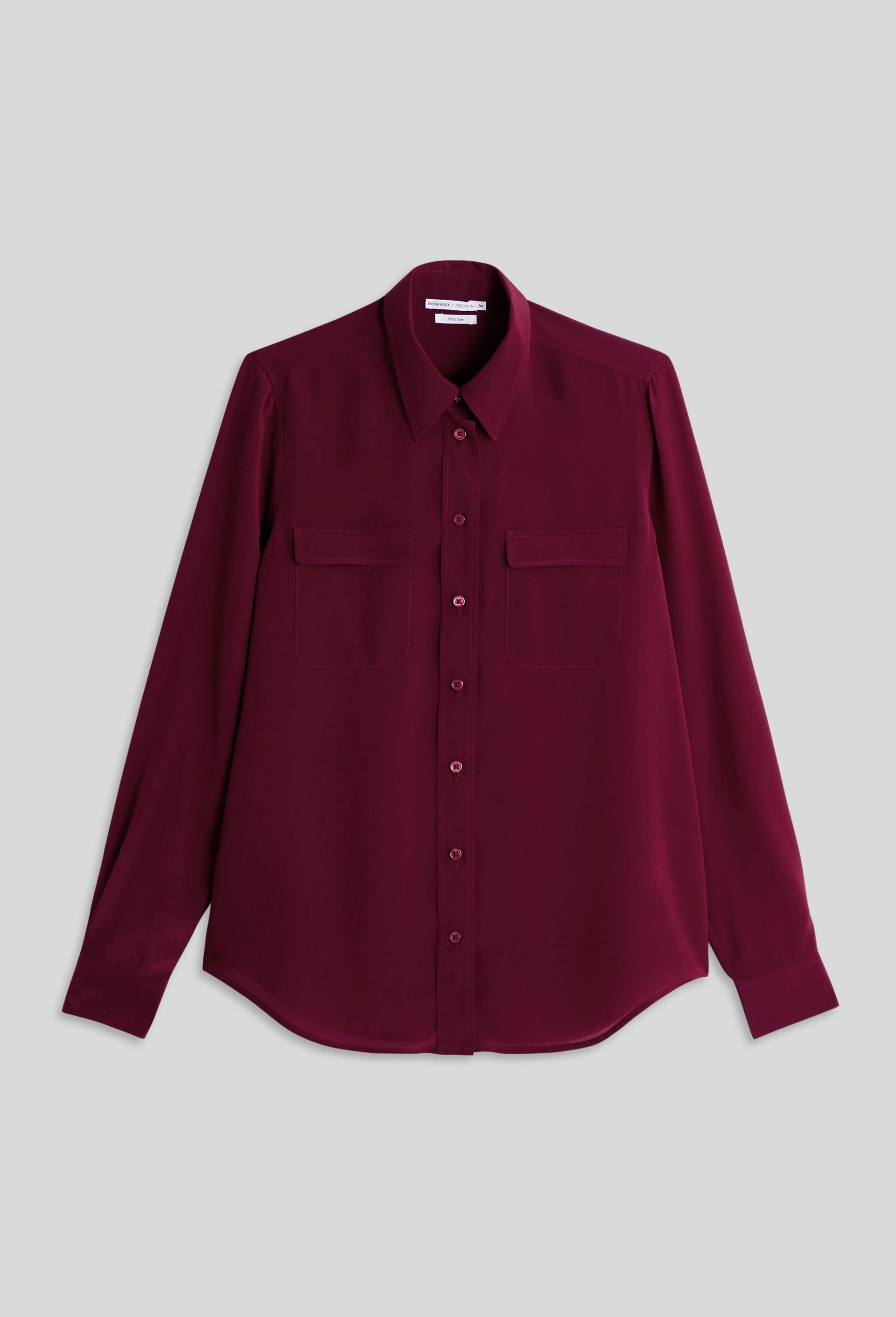 Chemise manches longues unie en soie, Rouge foncé, large image number 2.0