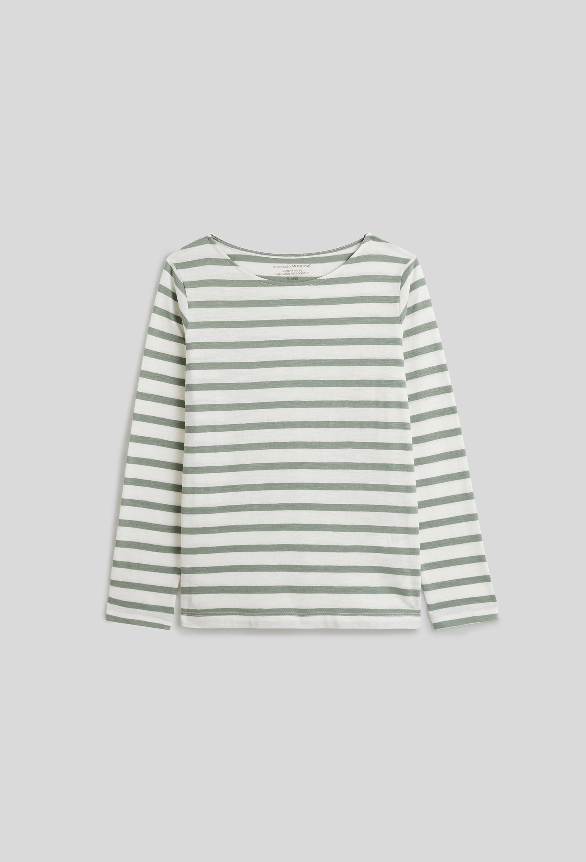 T-shirt manches longues marinière légère en coton BIO, Vert, large image number 0