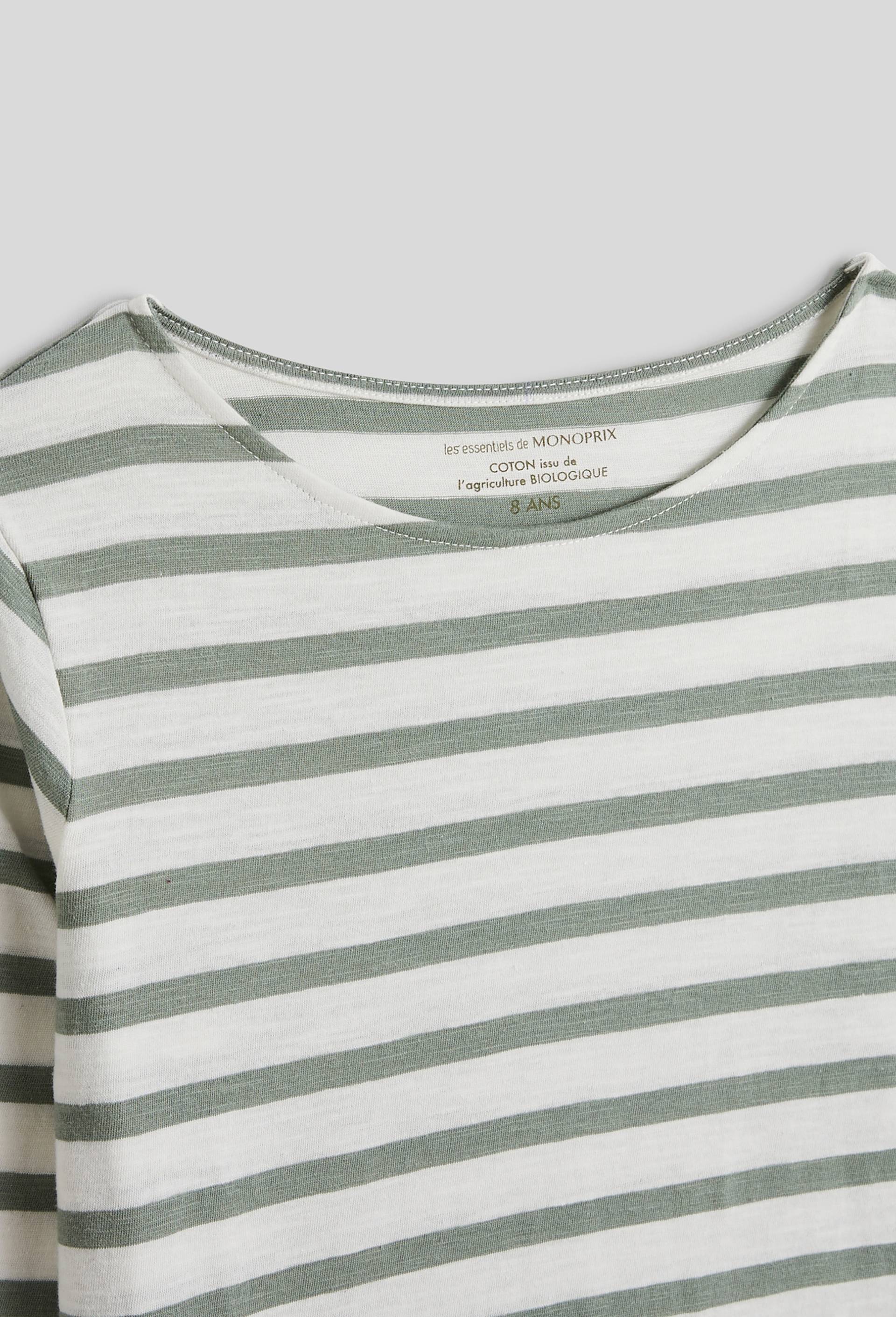 T-shirt manches longues marinière légère en coton BIO, Vert, large image number 2