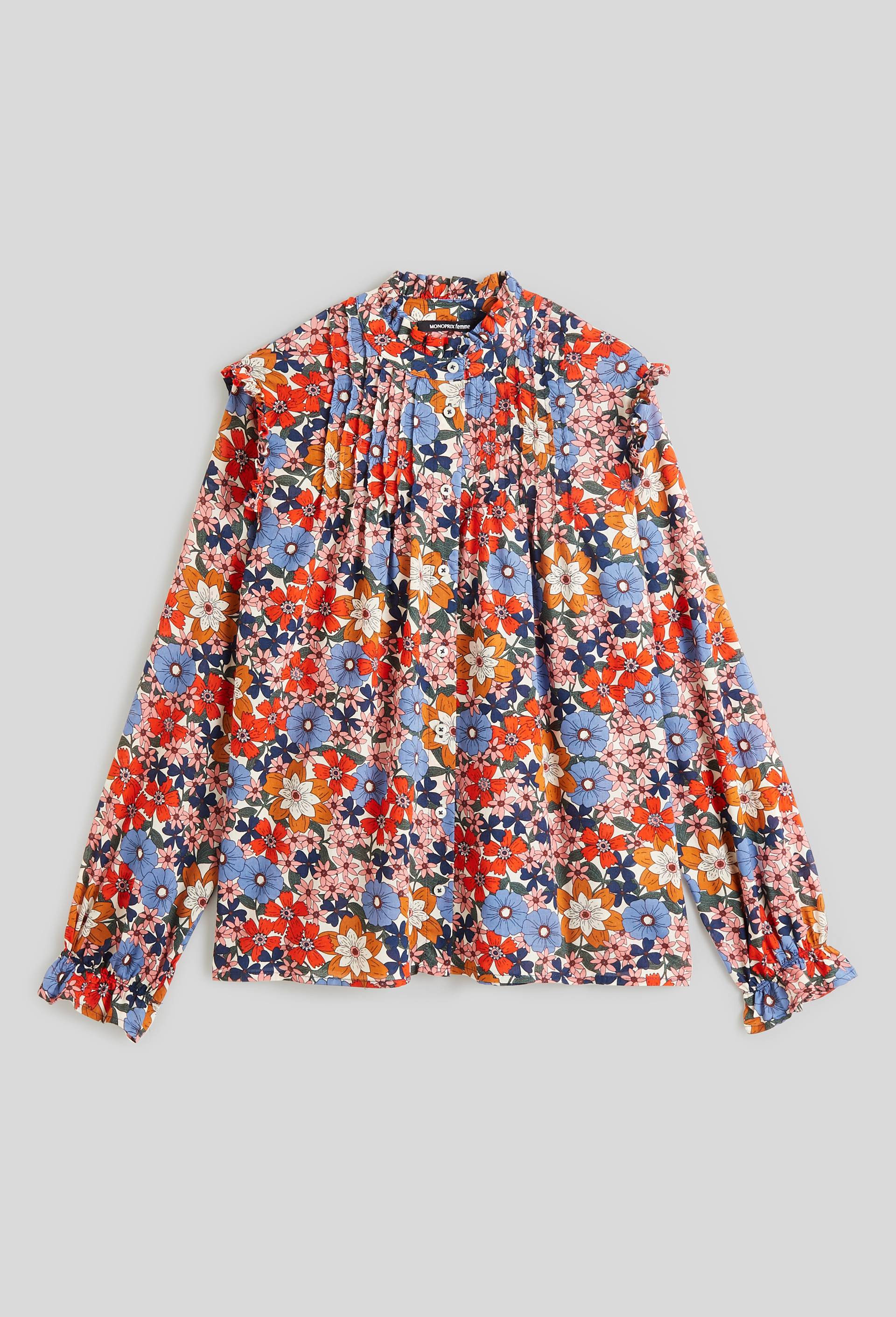 Top imprimé col volant, Coton BIO, Beige clair, large image number 2