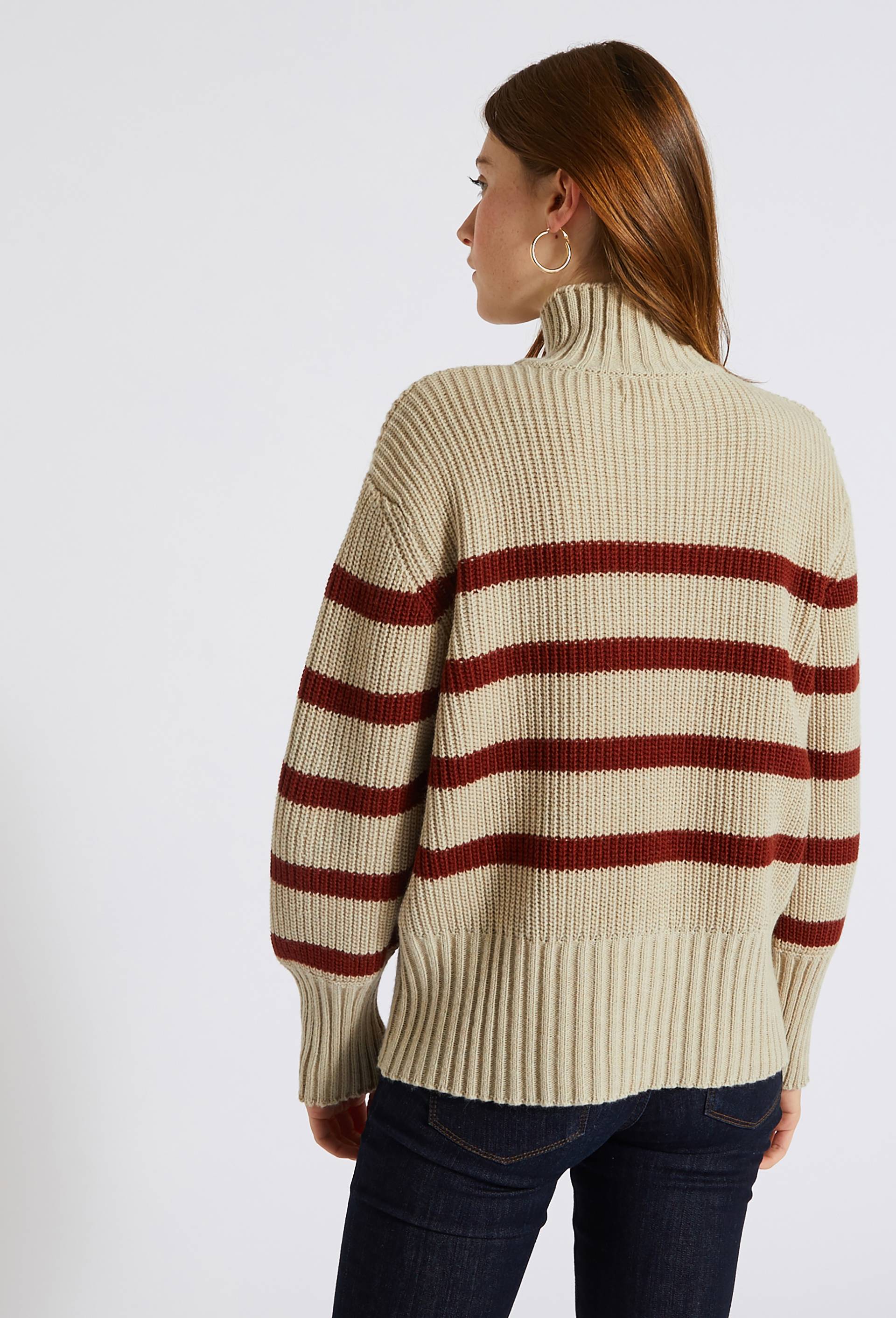 Pull rayé col montant en laine mélangée, Beige clair, large image number 1