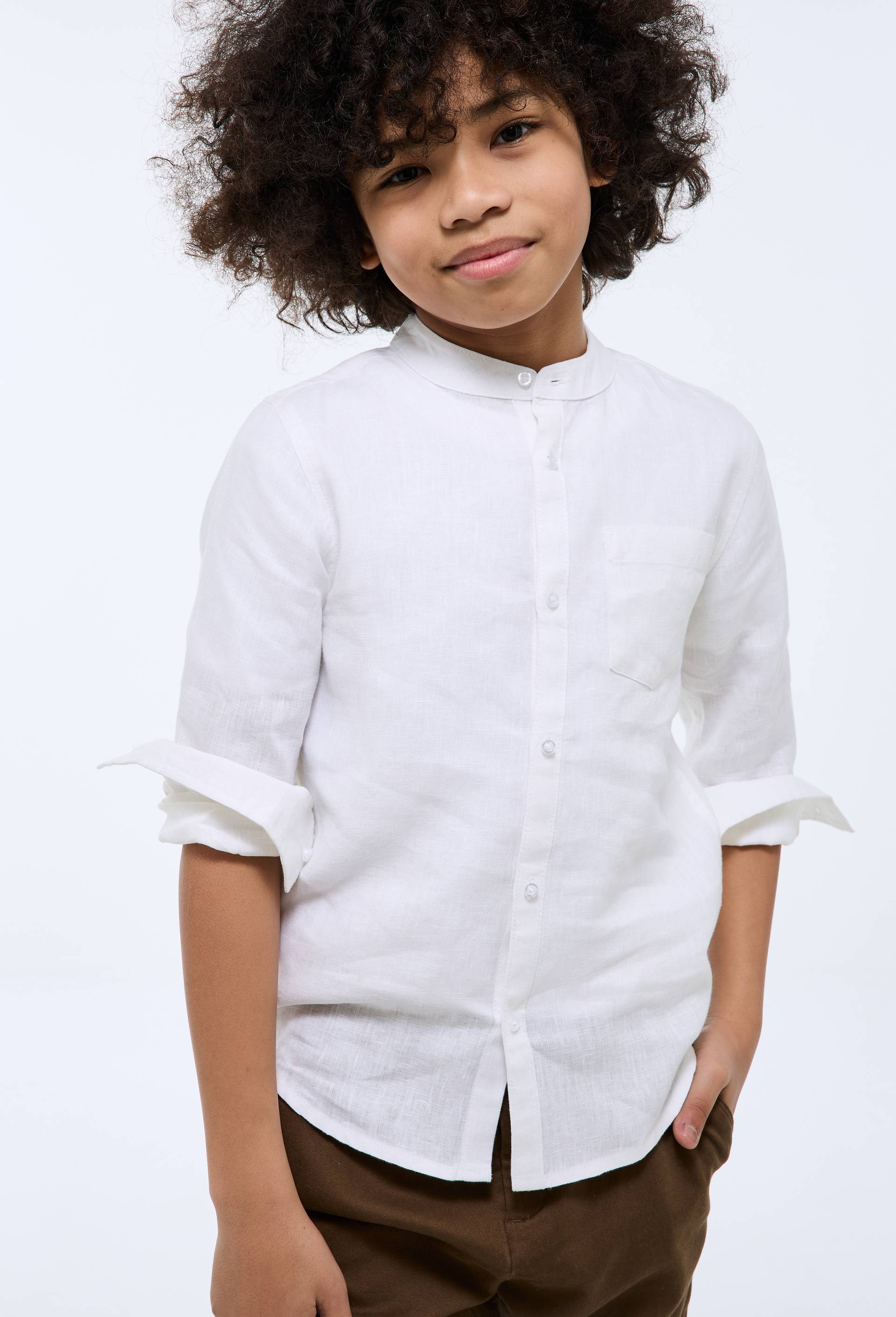 Chemise col mao unie en 100% lin, Blanc, large image number 0