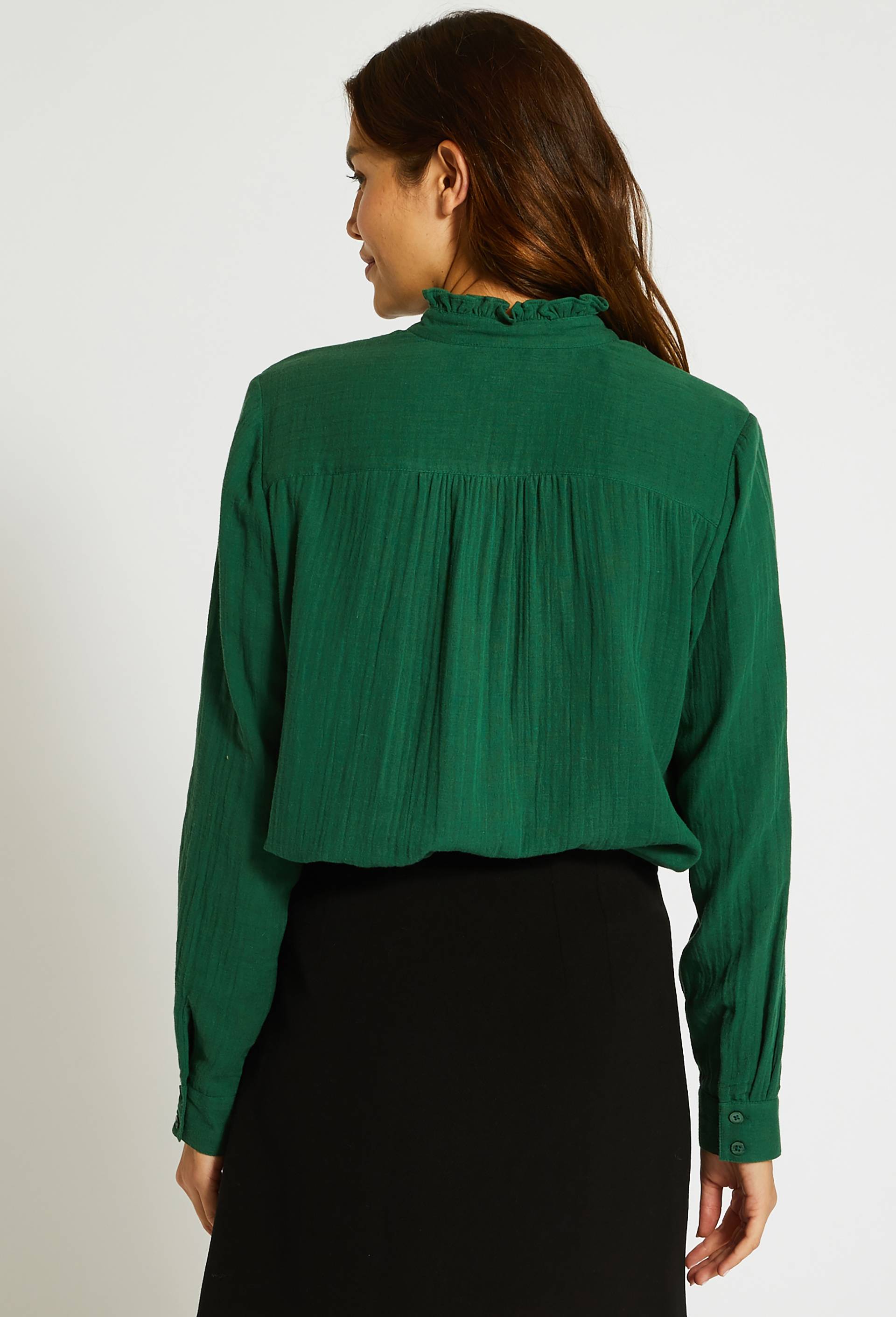 Chemise en gaze de coton &agrave; volant, Coton BIO, Vert fonc&eacute;, large image number 1