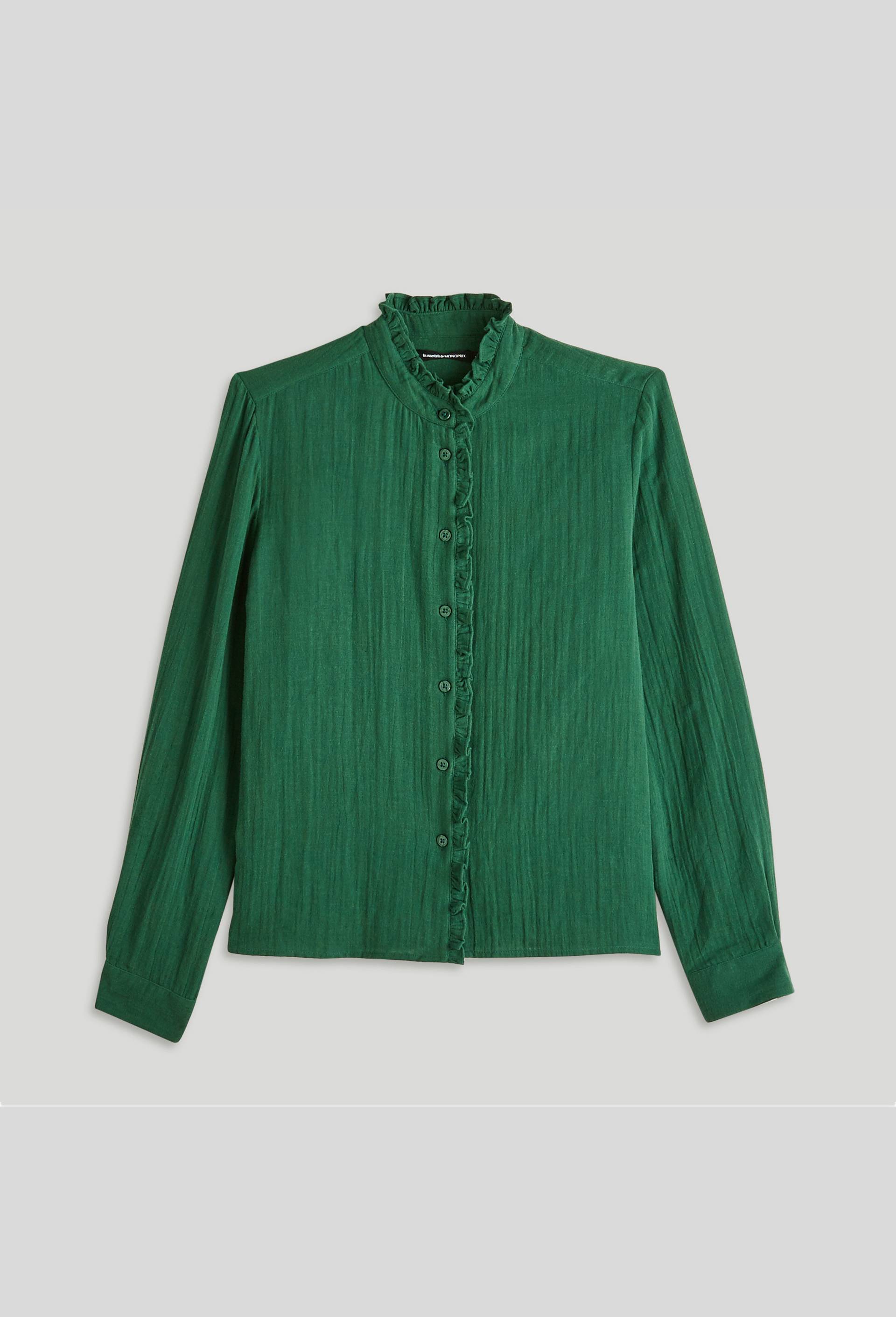 Chemise en gaze de coton à volant, Coton BIO, Vert foncé, large image number 2