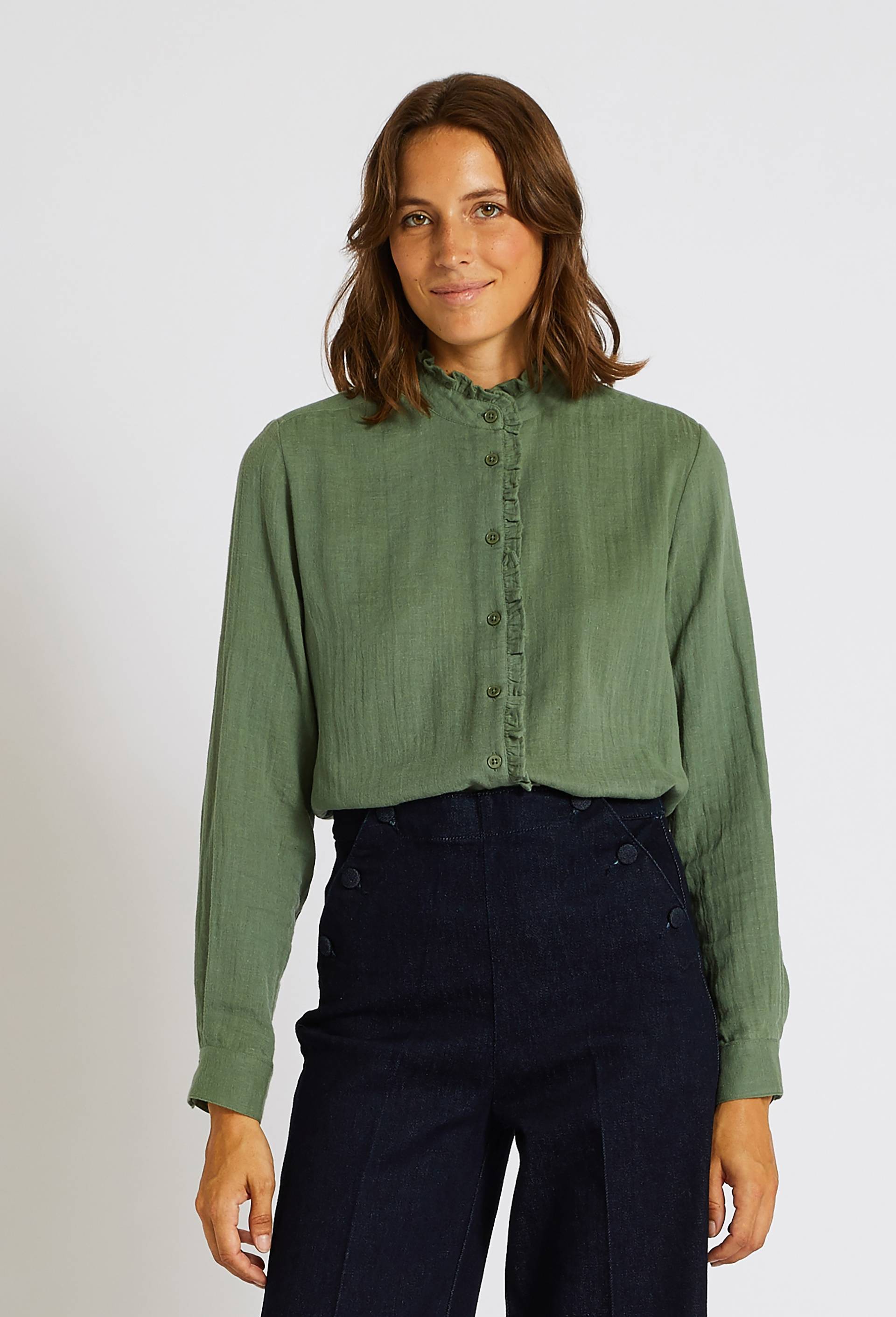 Chemise en gaze de coton à volant, Coton BIO, Vert, large image number 0.0