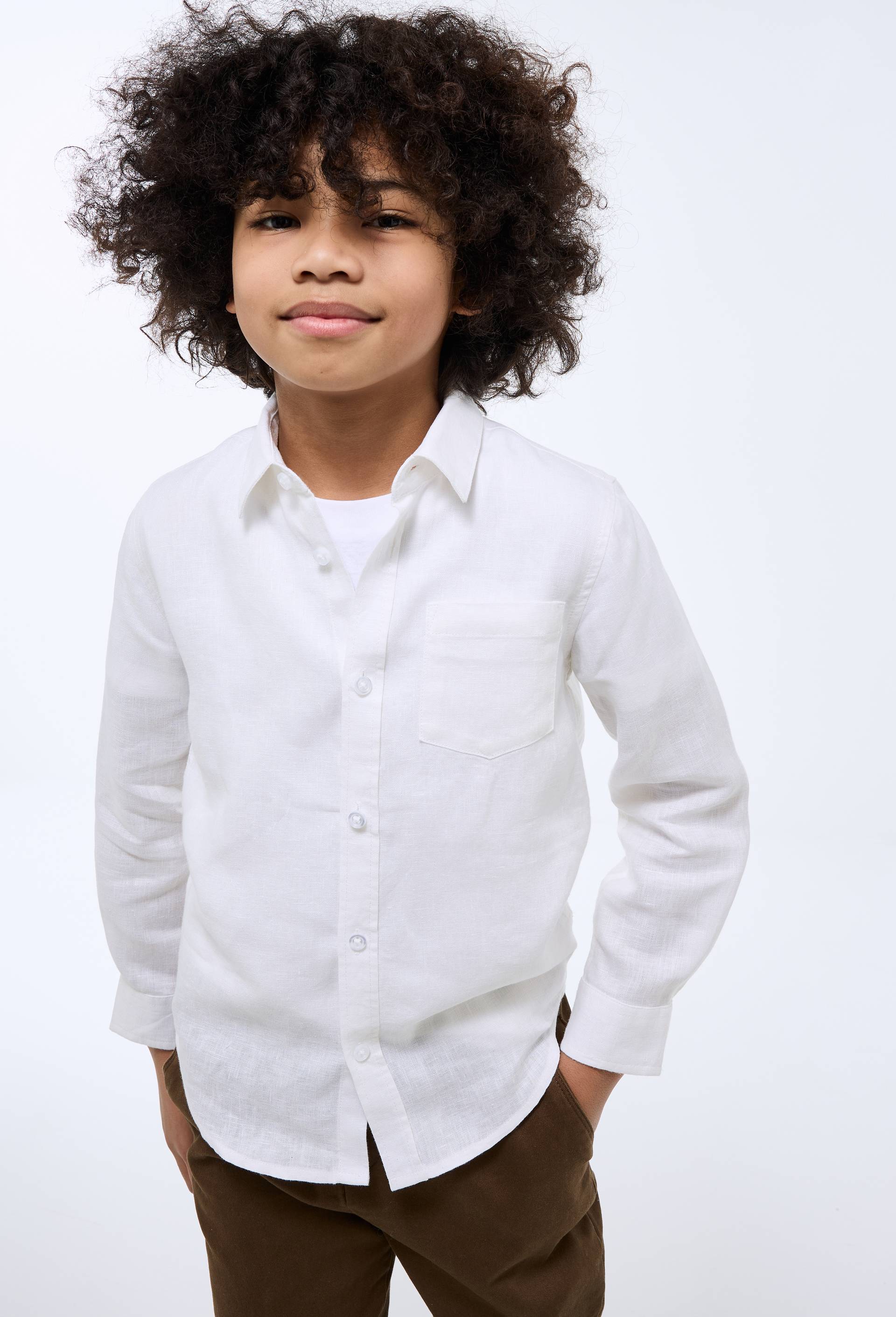 Chemise unie en 100% lin, Blanc, swatch image