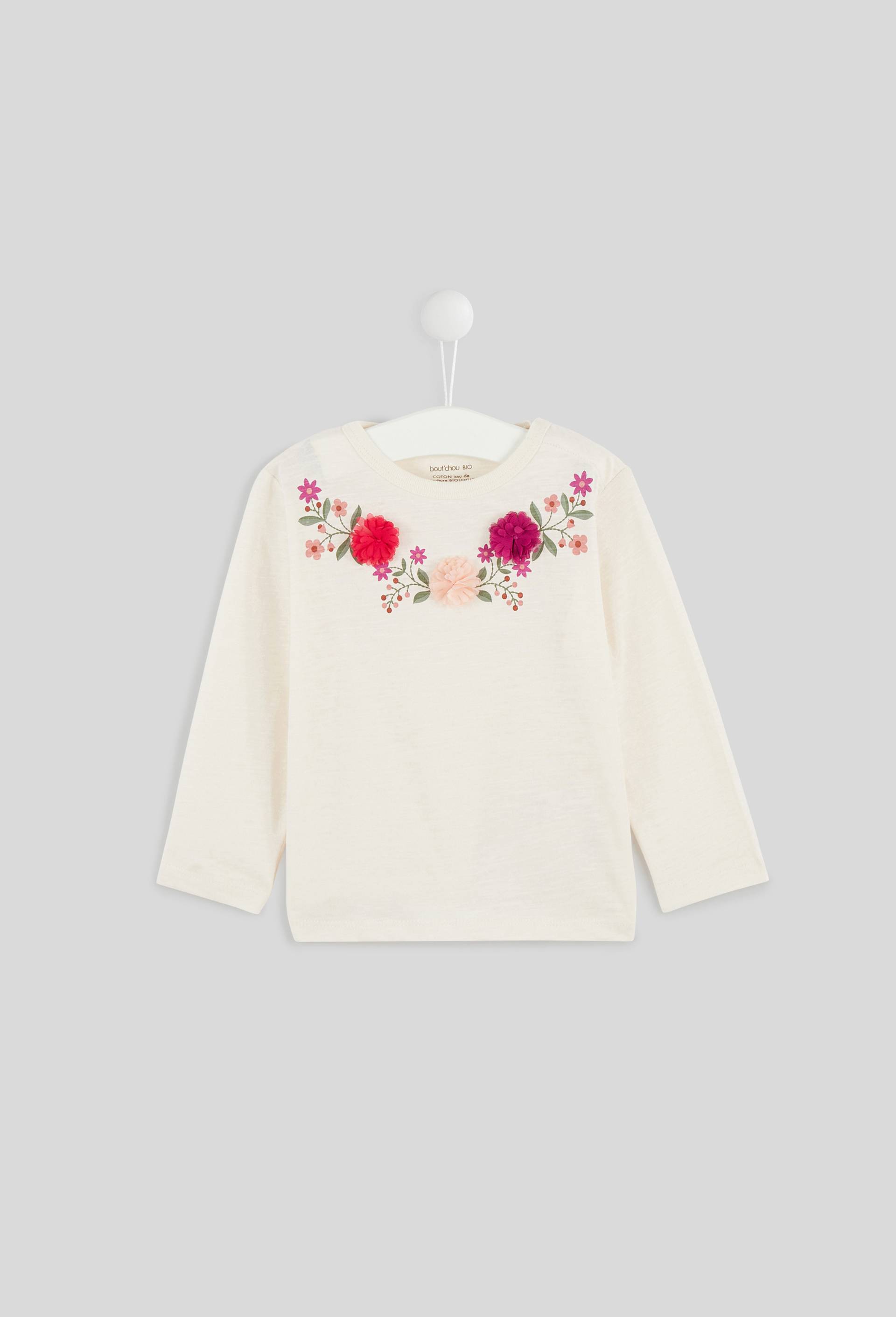 T-shirt col rond manches longues broderie col, en coton BIO, certifié Oeko-Tex, Beige clair, large image number 0.0
