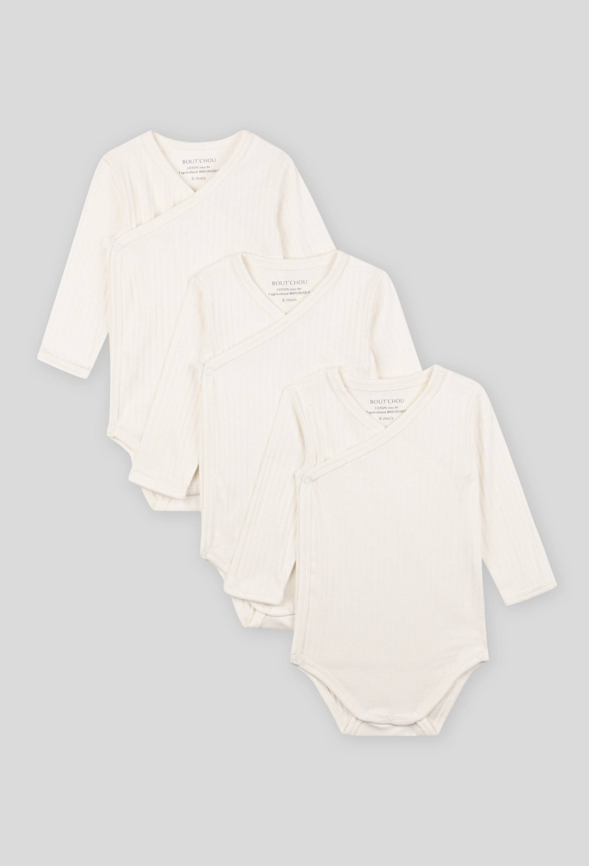 Lot de 3 bodies crois&eacute;s manches longues uni en coton BIO GOTS, Blanc, large image number 0