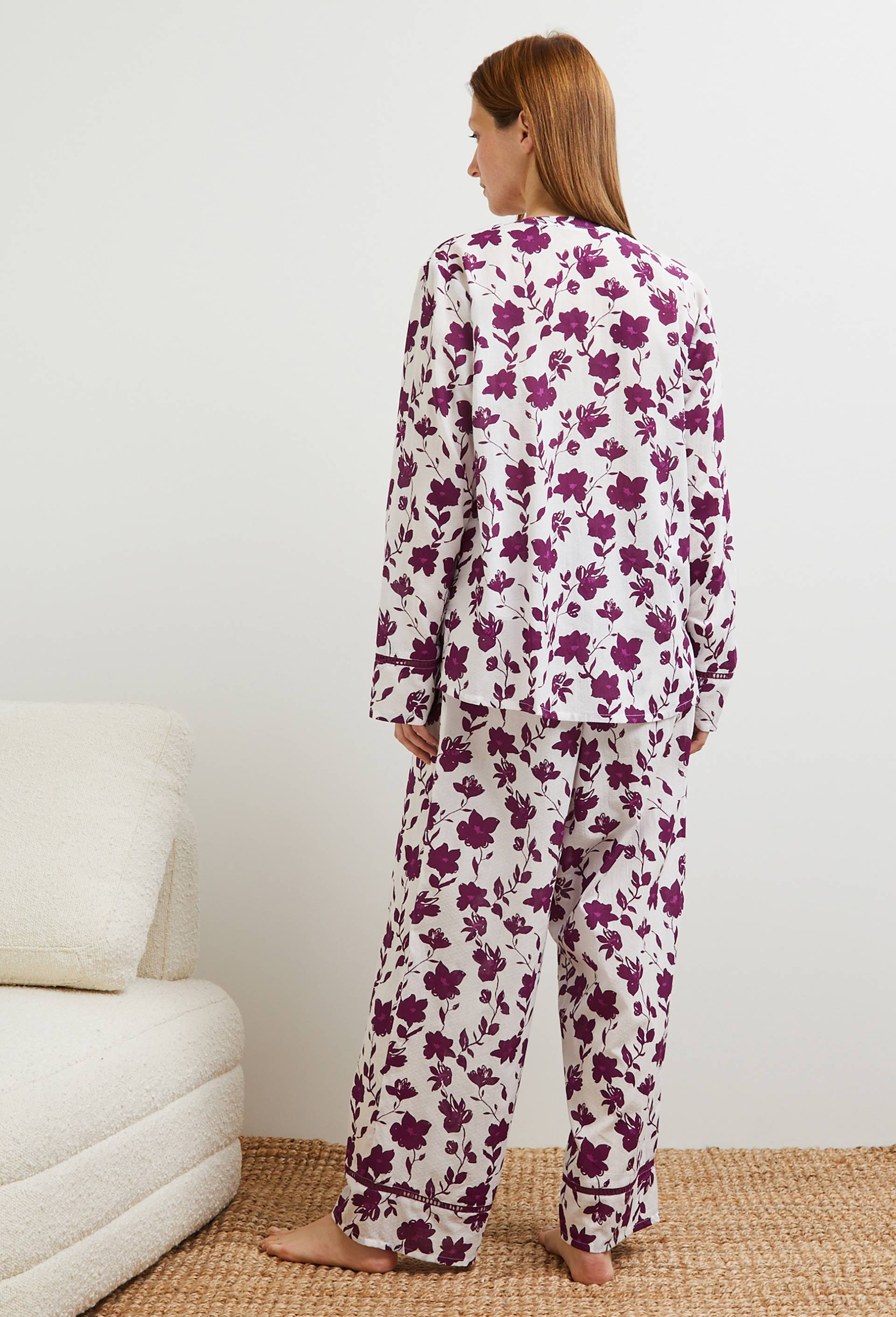 Pyjama manches longues imprimé et détails jour échelle en coton, Bio, Violet, large image number 1