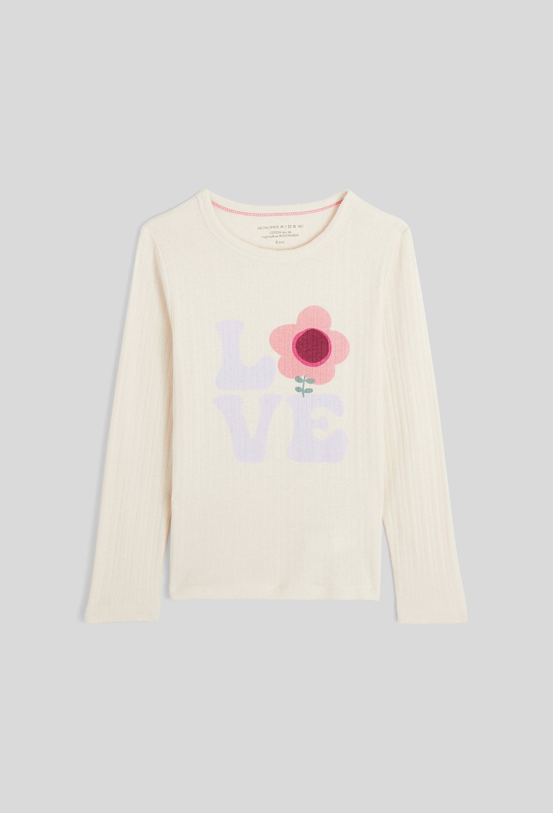 T.shirt manches longues imprimé LOVE, Coton BIO, Ecru, large image number 0