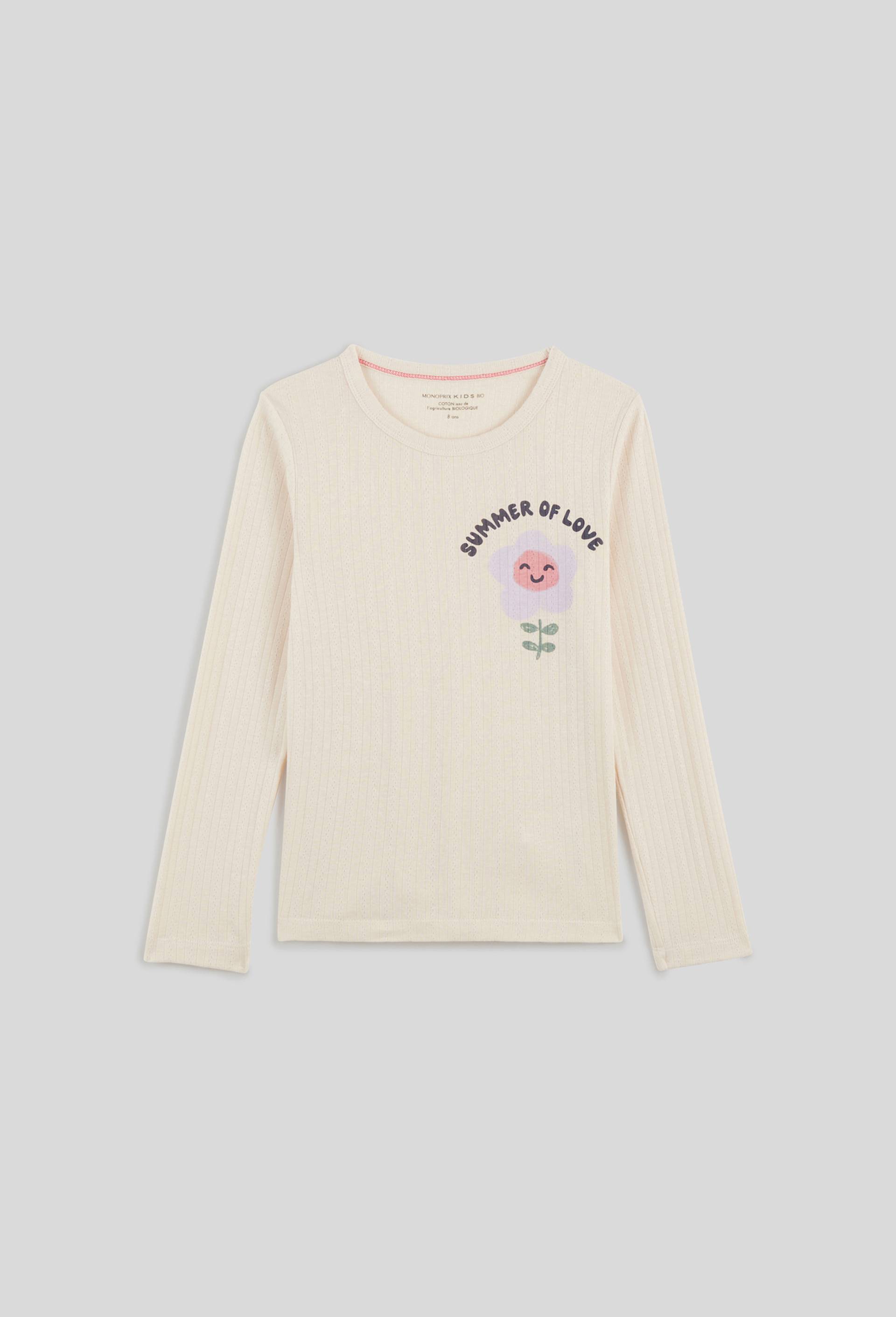 T.shirt manches longues imprimé fleur, Coton BIO, Ecru, large image number 0