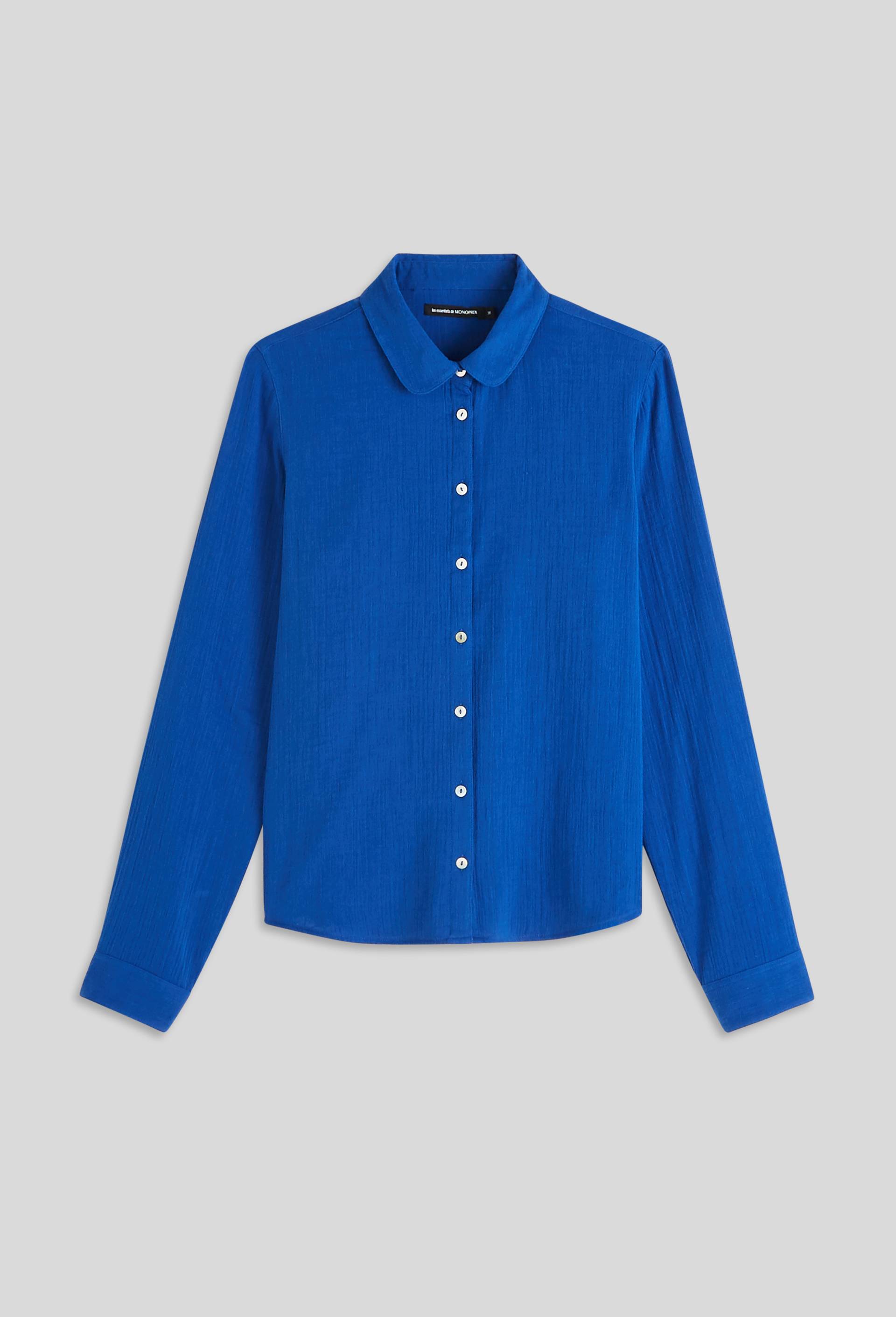 Chemise col claudine en gaze de coton, Coton BIO, Bleu, large image number 2