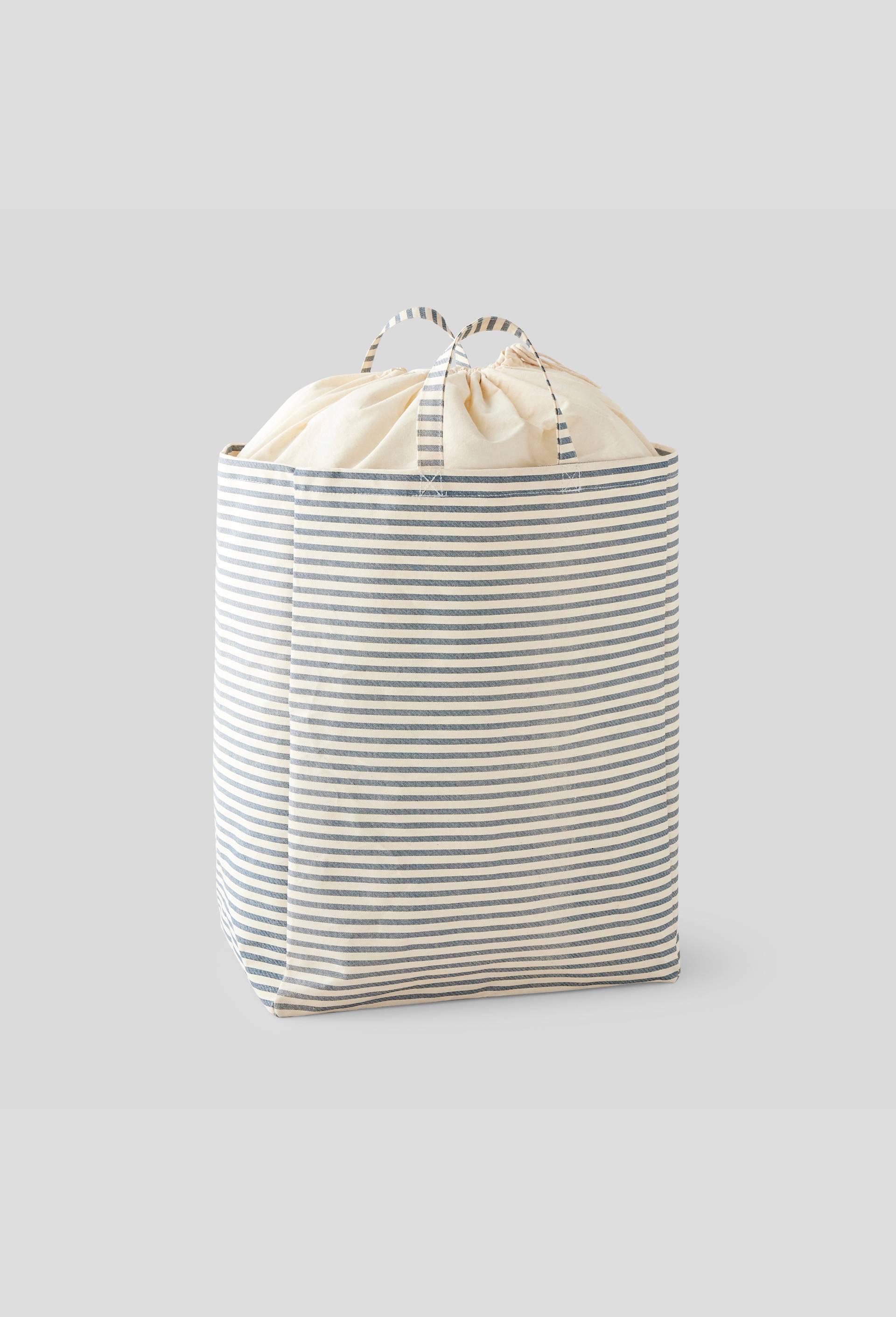 Panier à linge imprimé rayures, 40,5x26x51cm, en coton et polyester, BLEU, large image number 0