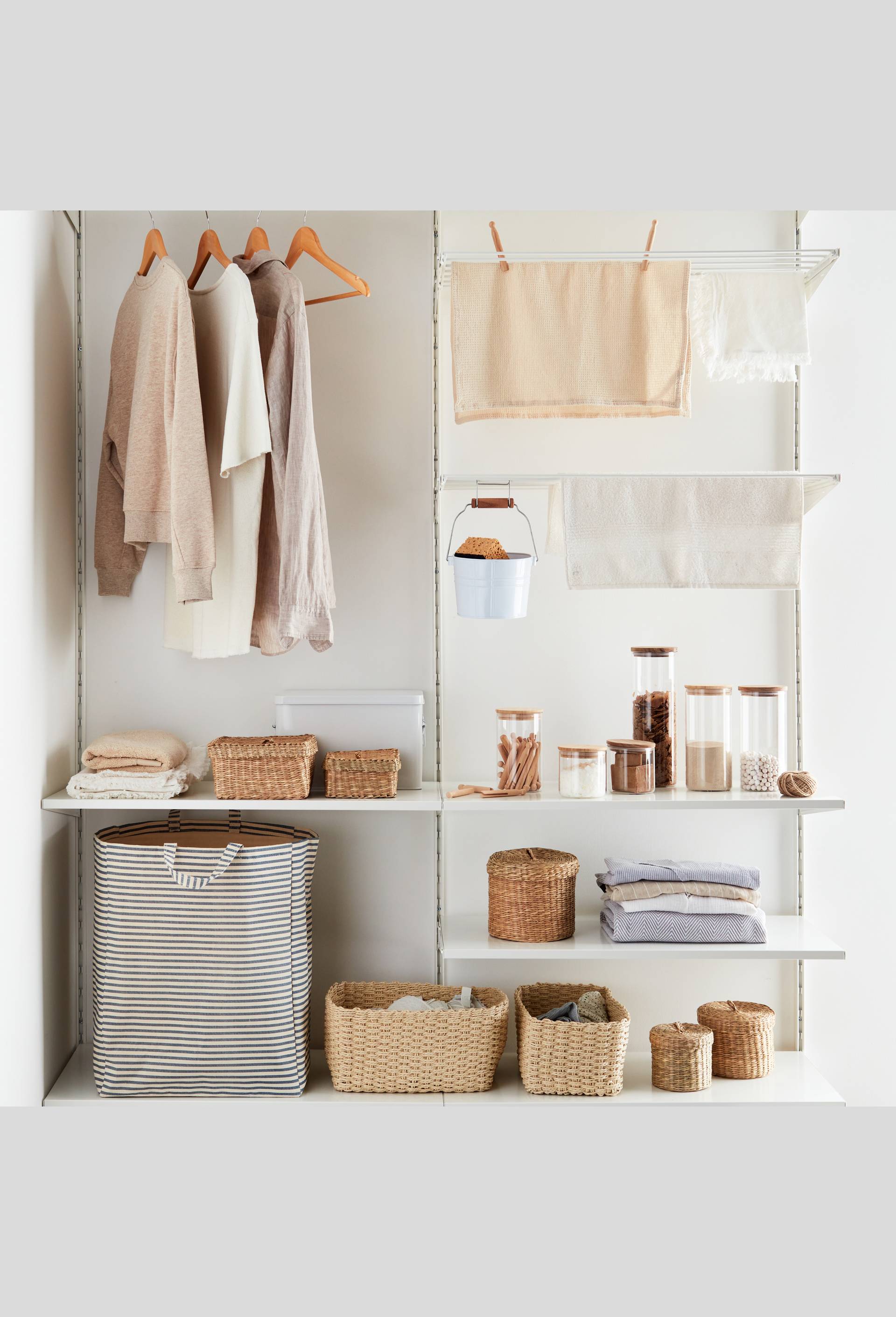 Panier à linge imprimé rayures, 40,5x26x51cm, en coton et polyester, BLEU, large image number 2
