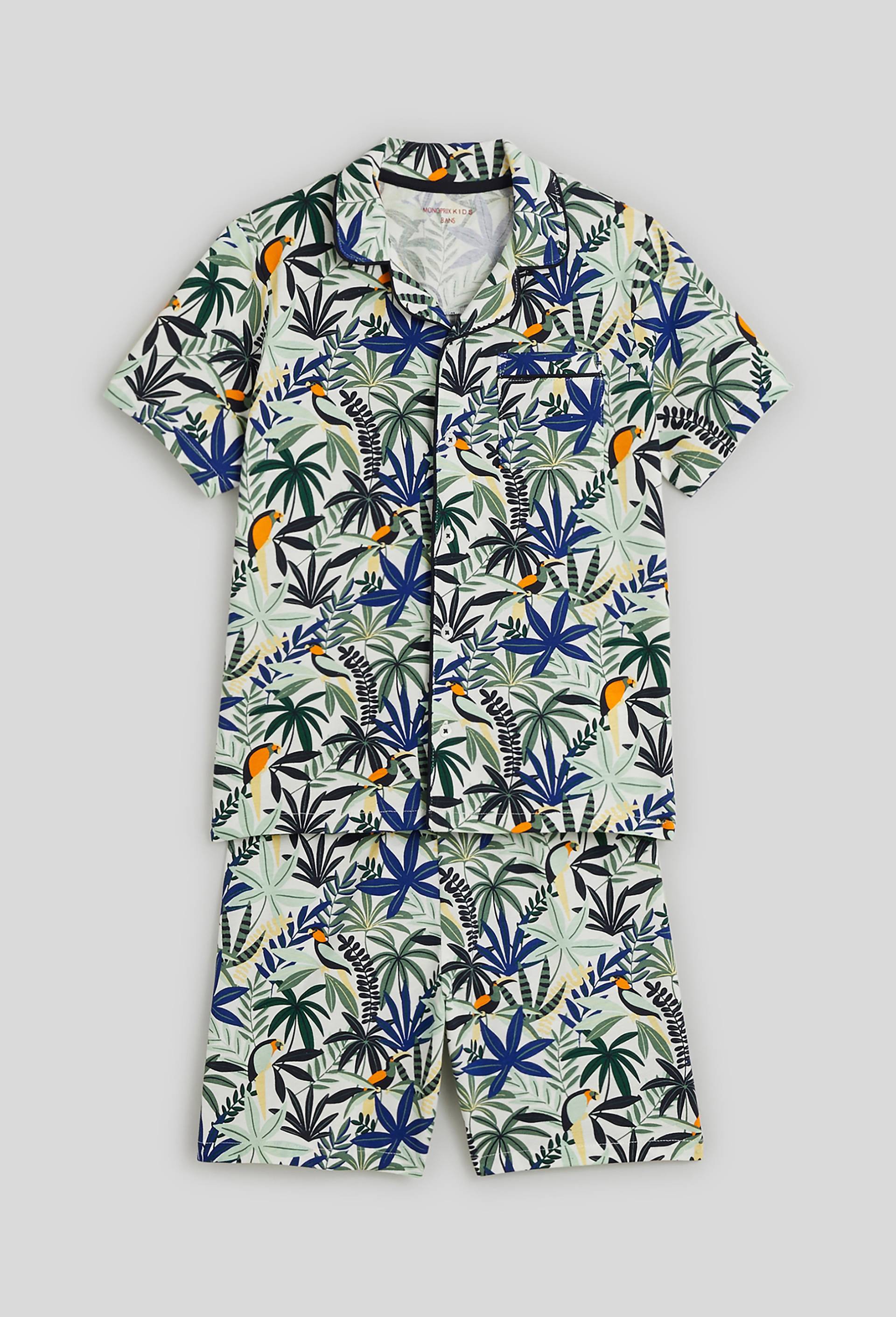 Pyjama court  col chemise à motifs en coton BIO, BLEU, large image number 0