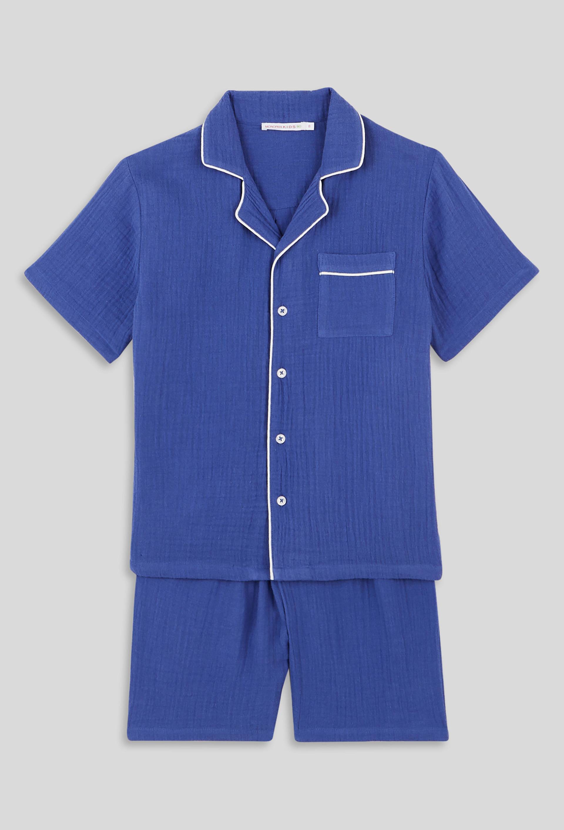 Pyjama chemise short uni en gaze de coton BIO, Bleu, large image number 0.0