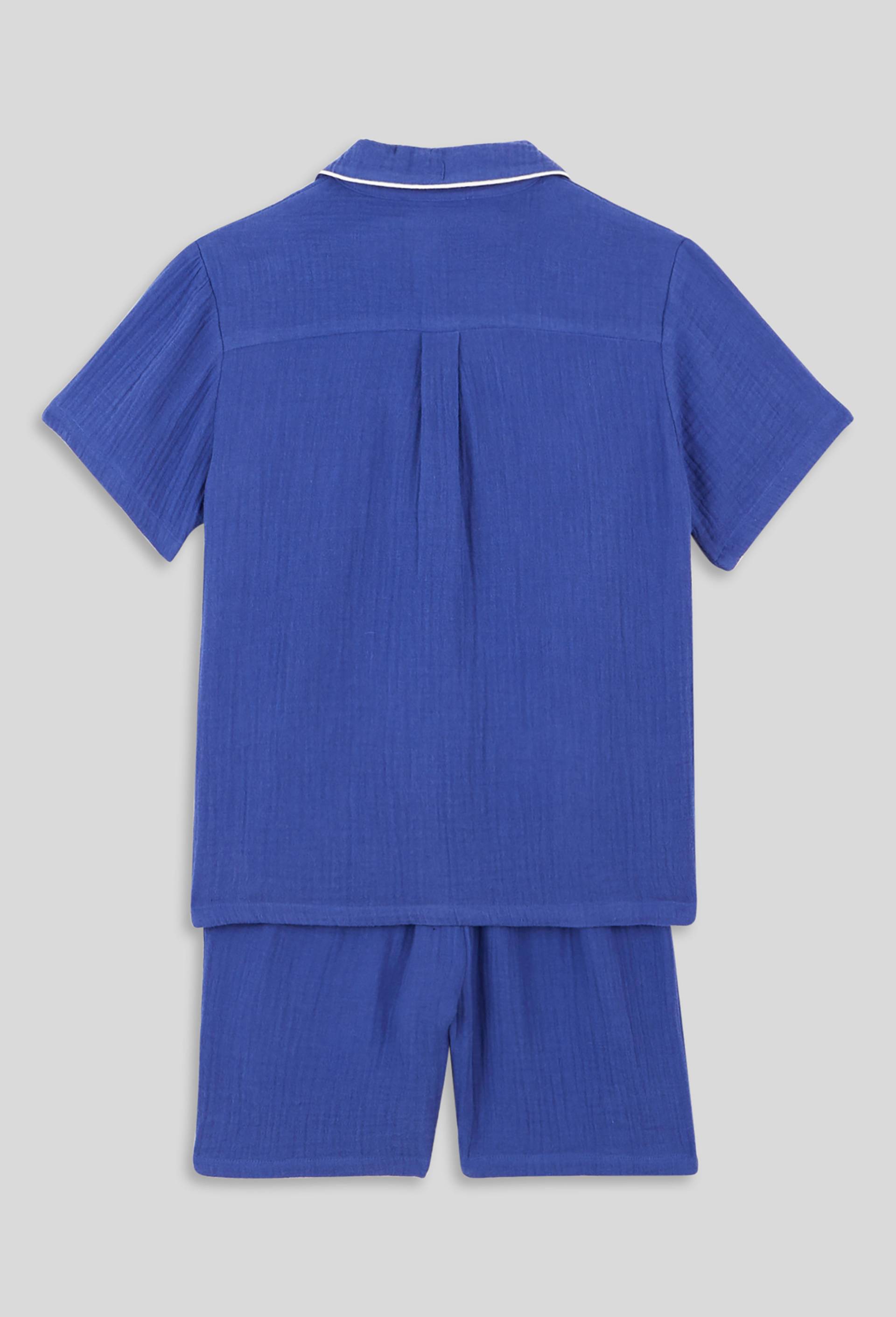 Pyjama chemise short uni en gaze de coton BIO, Bleu, large image number 1.0