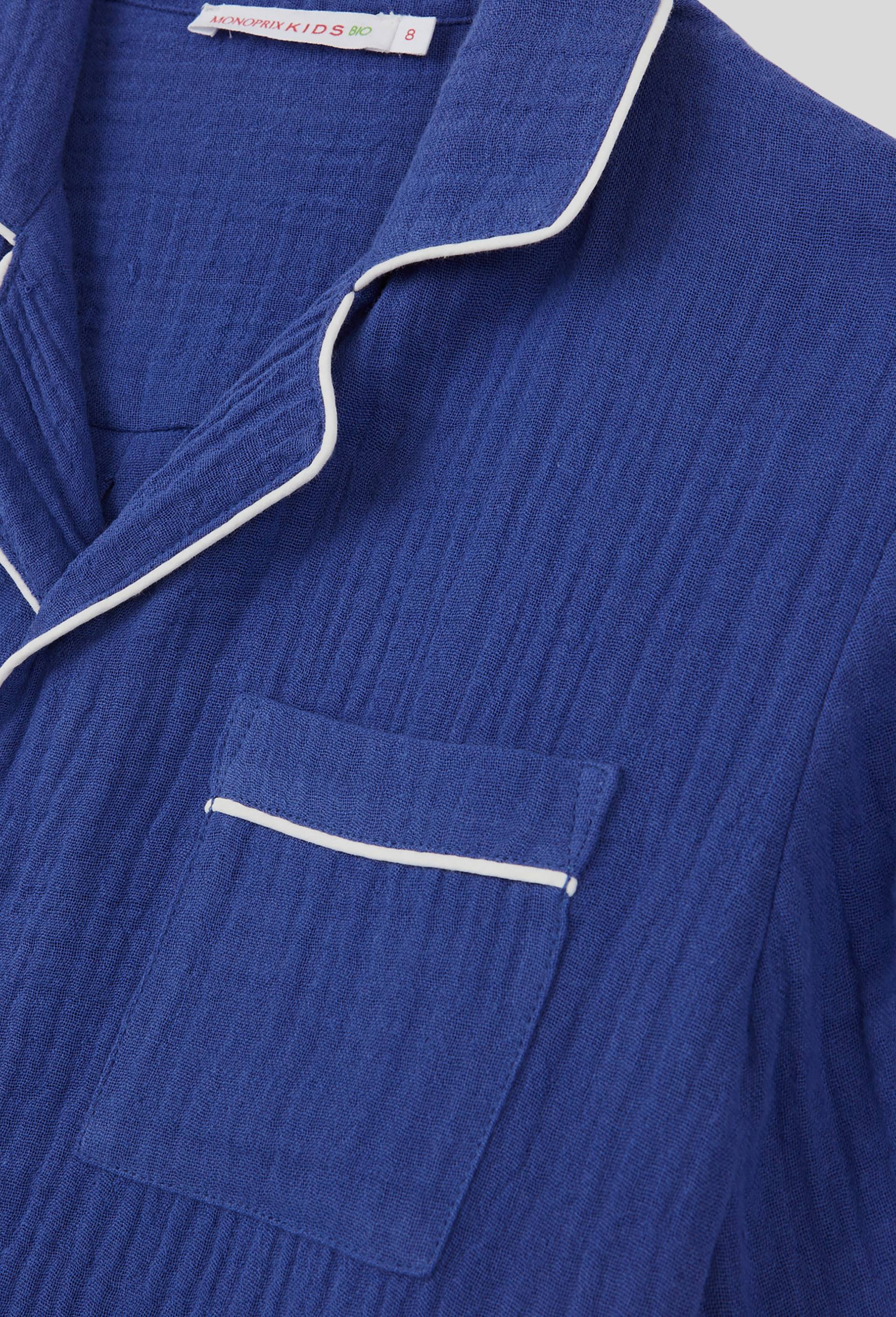 Pyjama chemise short uni en gaze de coton BIO, Bleu, large image number 2.0
