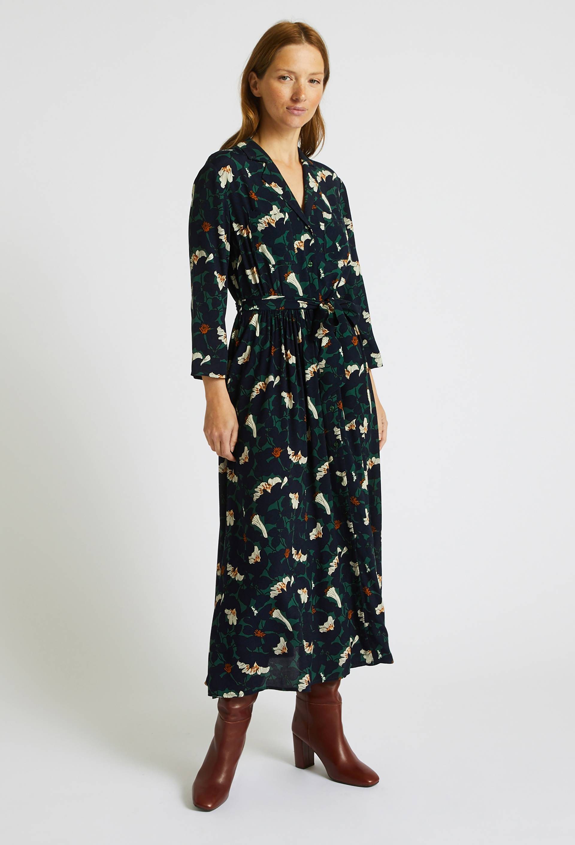 Robe chemise à imprimé floral en viscose, Vert foncé, large image number 0.0