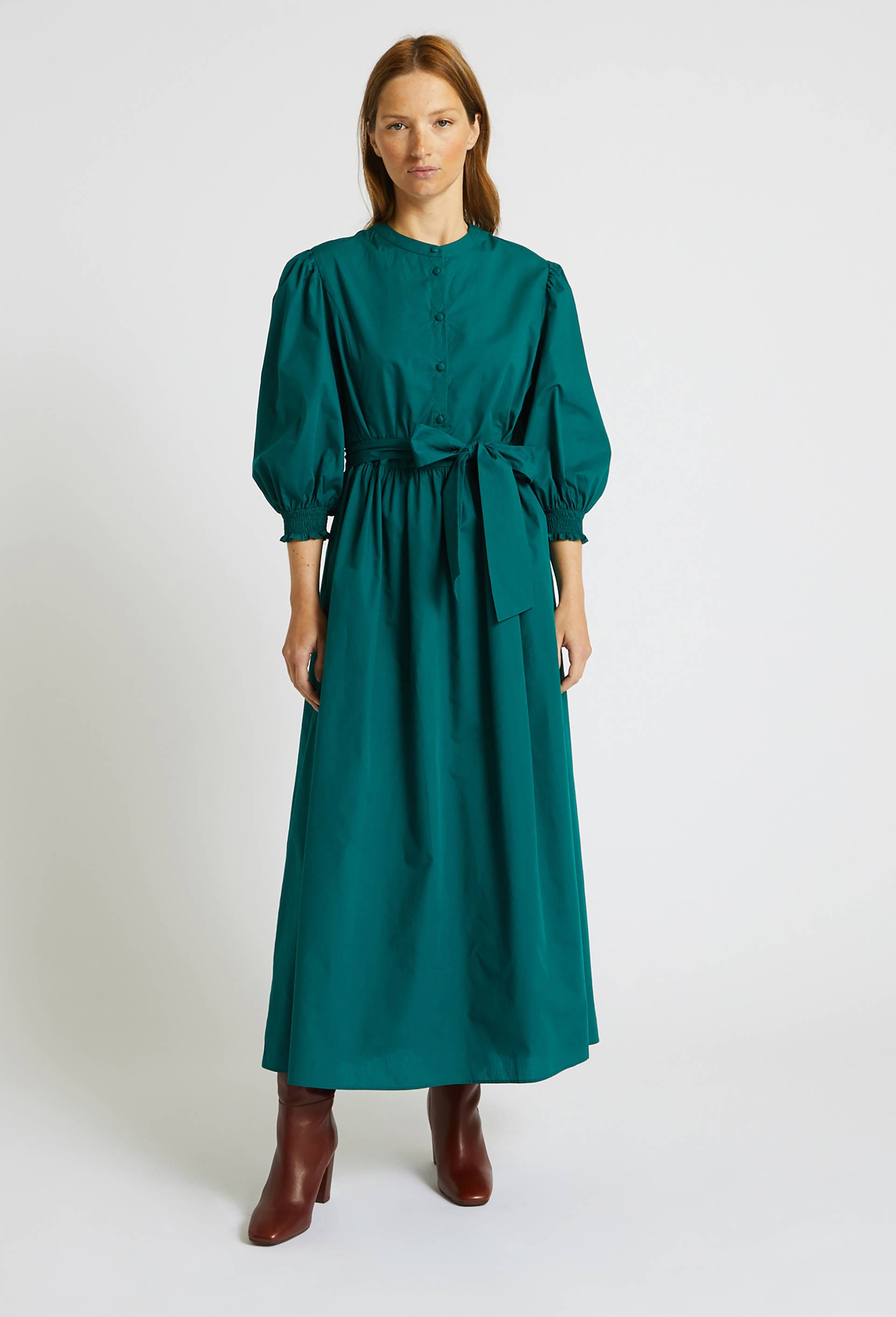Robe unie manches longues bouffantes, Vert foncé, large image number 0.0