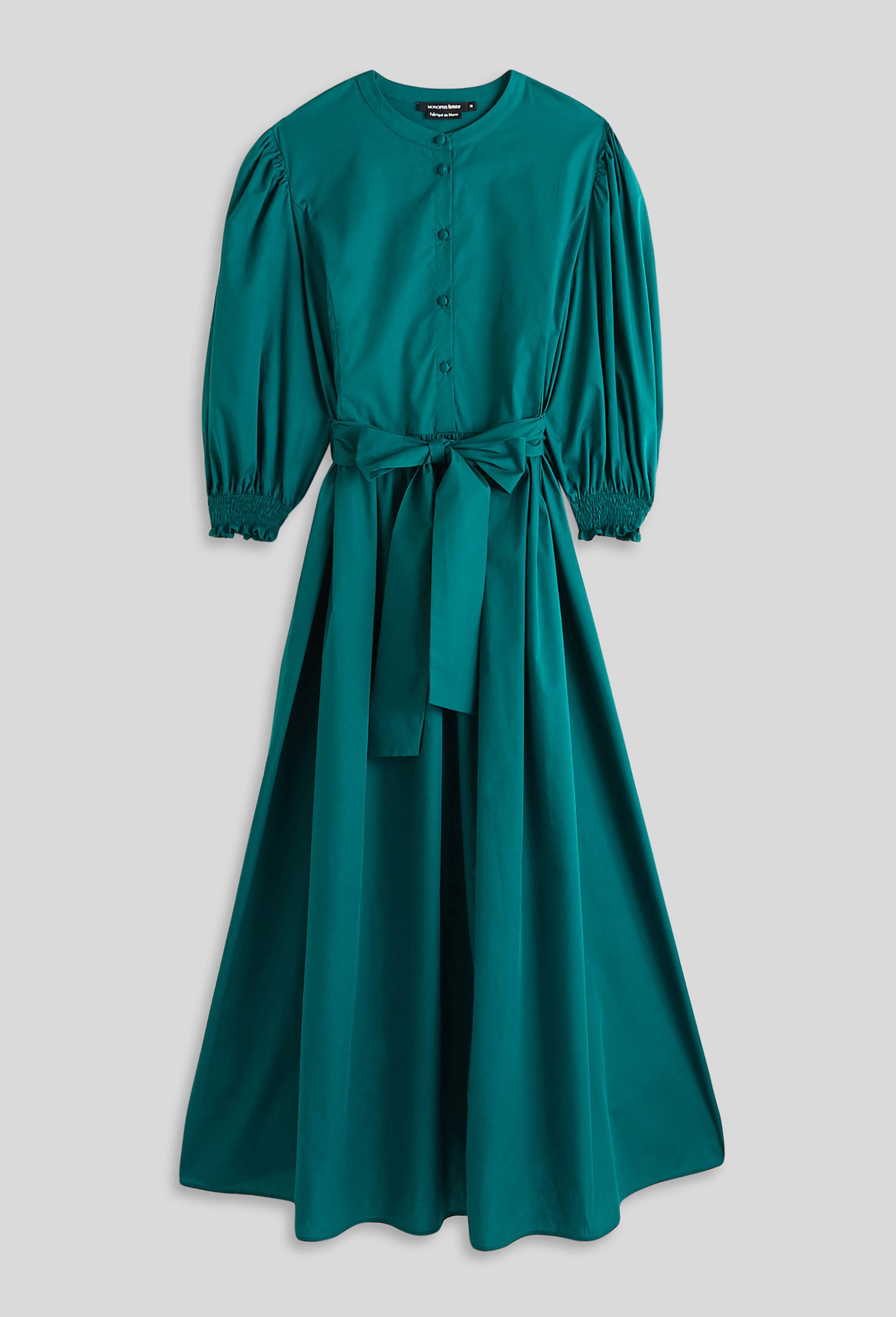 Robe unie manches longues bouffantes, Vert foncé, large image number 2.0