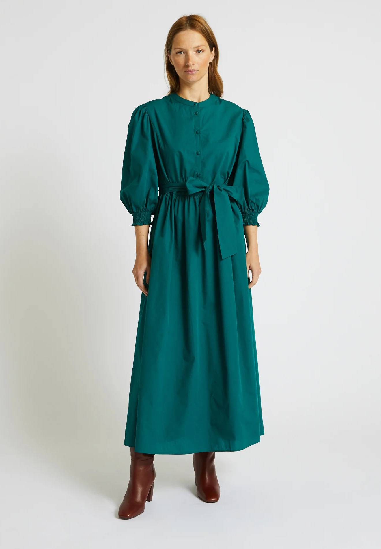 Robe unie manches longues bouffantes, Vert foncé, large image number 3.0