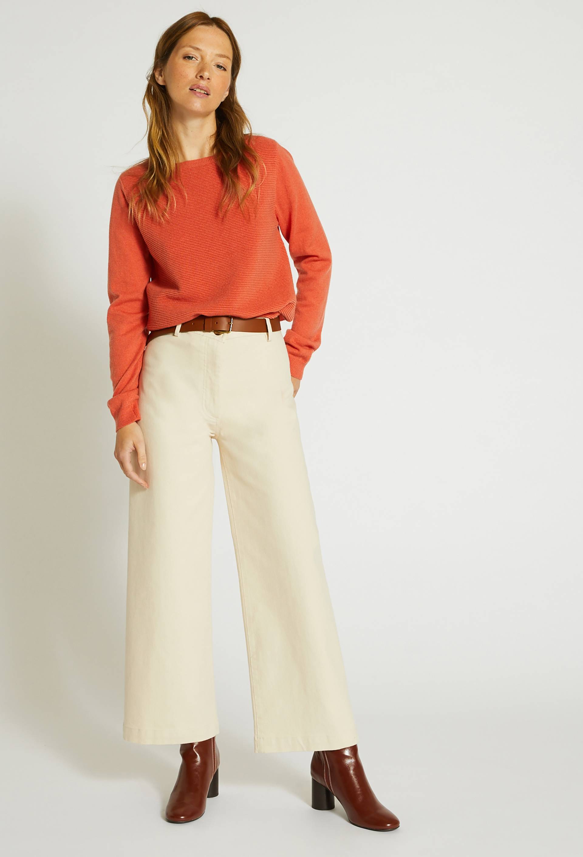 Pantalon large taille haute contenant du coton, Beige clair, large image number 0