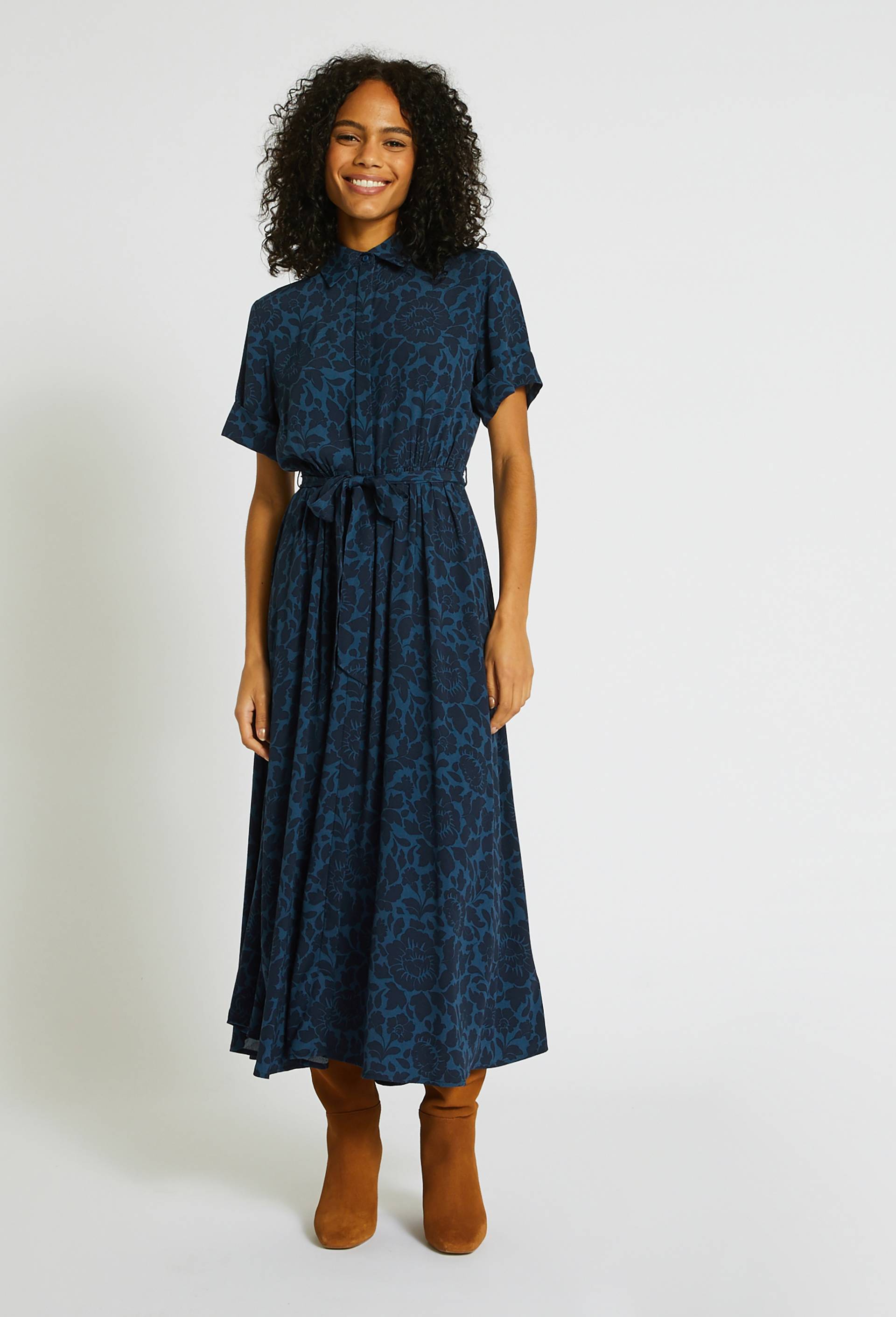 Robe chemise midi imprimée, ECO VERO, Bleu foncé, large image number 0