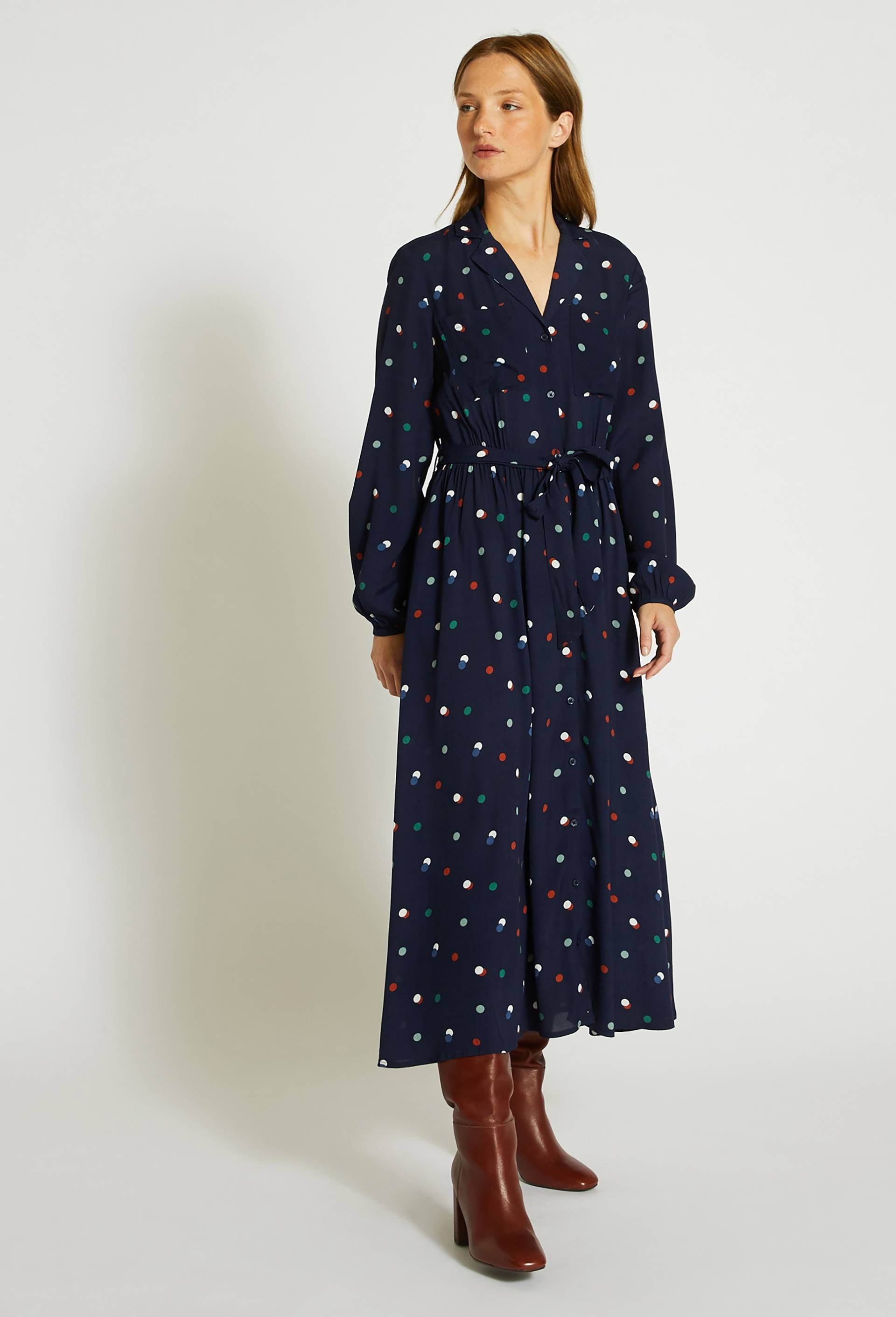 Robe chemise midi imprimée, ECO VERO, Bleu foncé, large image number 0