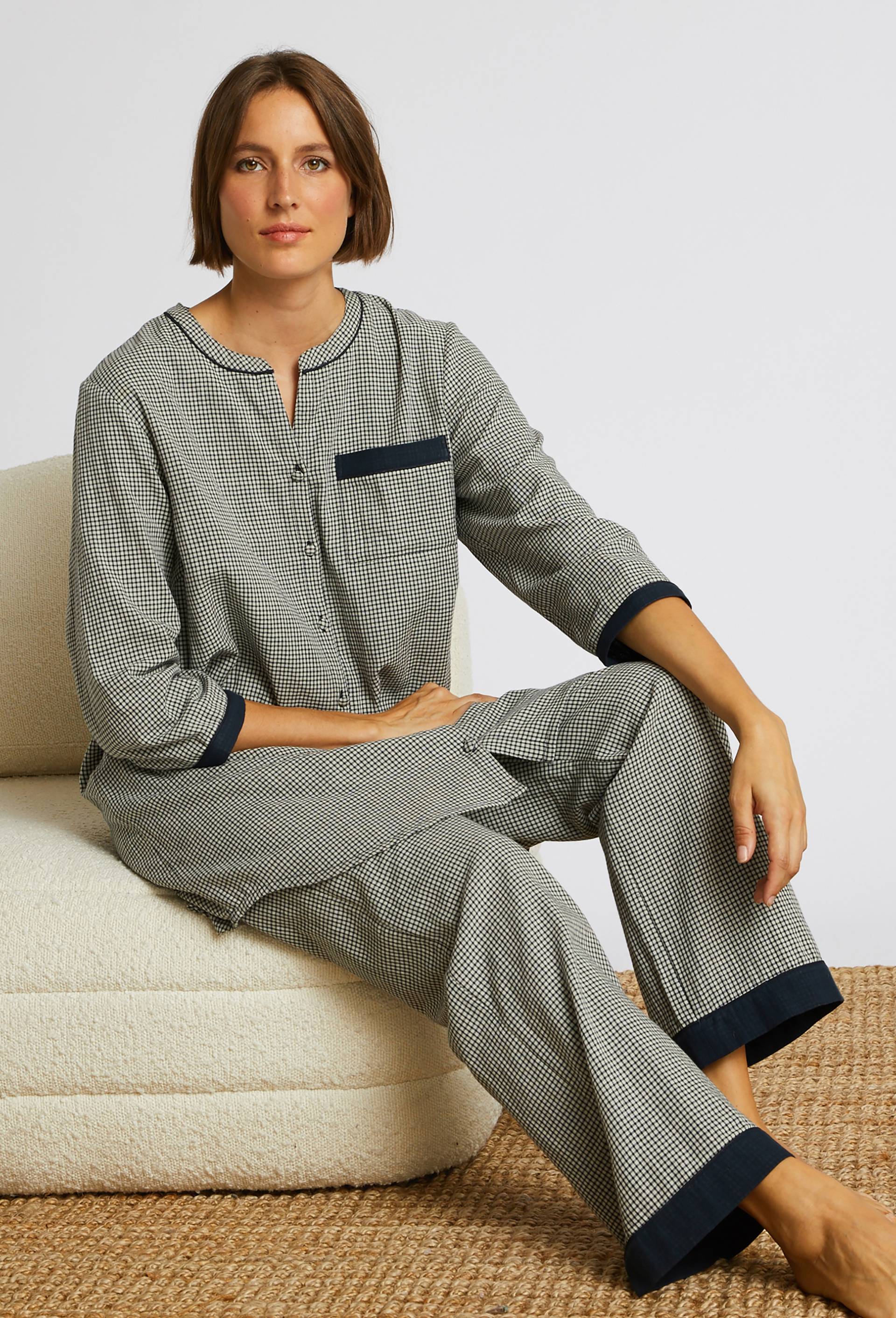 Chemise de nuit à carreaux vichy en coton double face, Oeko-Tex, Bleu foncé, large image number 0