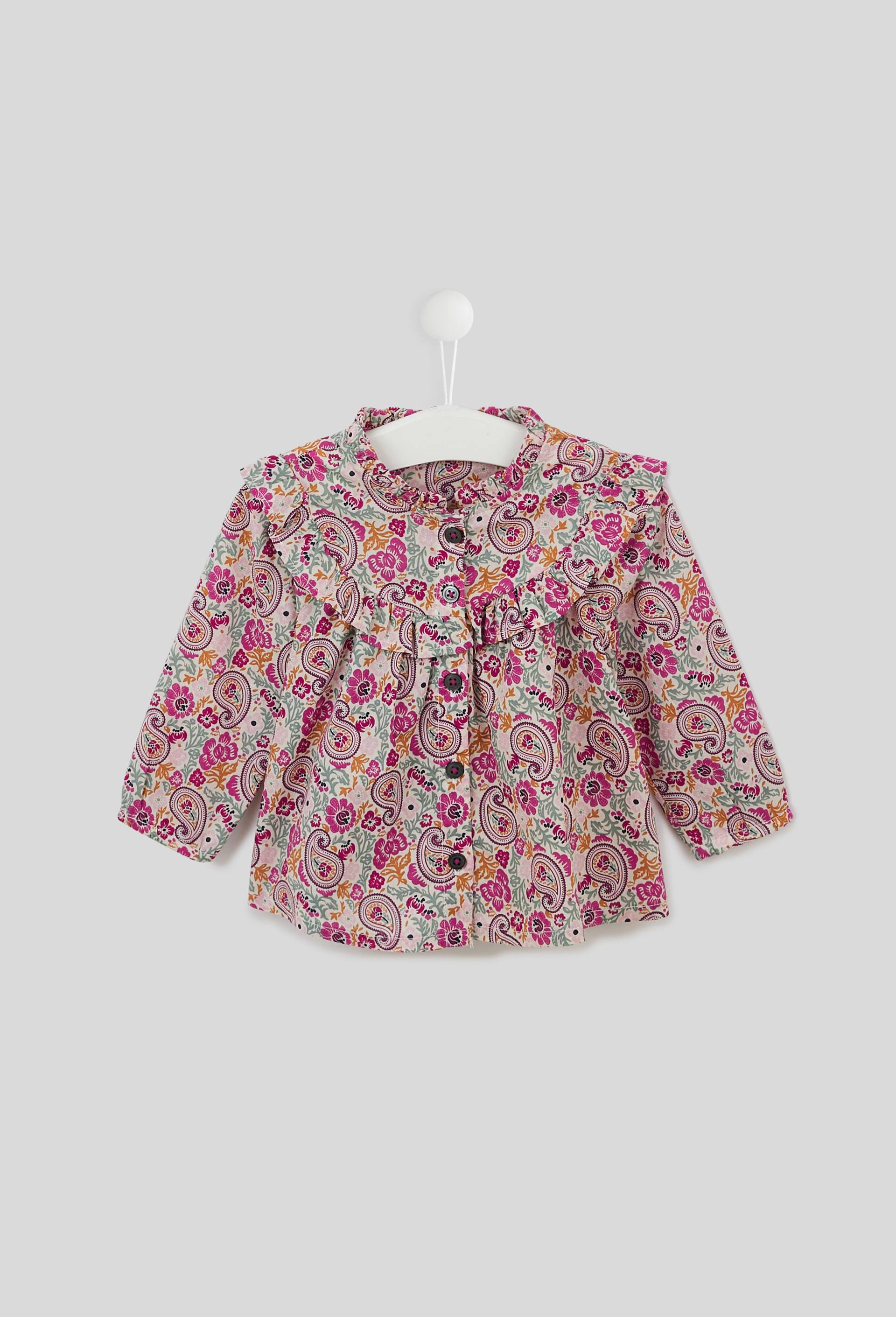 Blouse imprimée à volants en coton BIO, Oeko-Tex, Violet, large image number 0.0