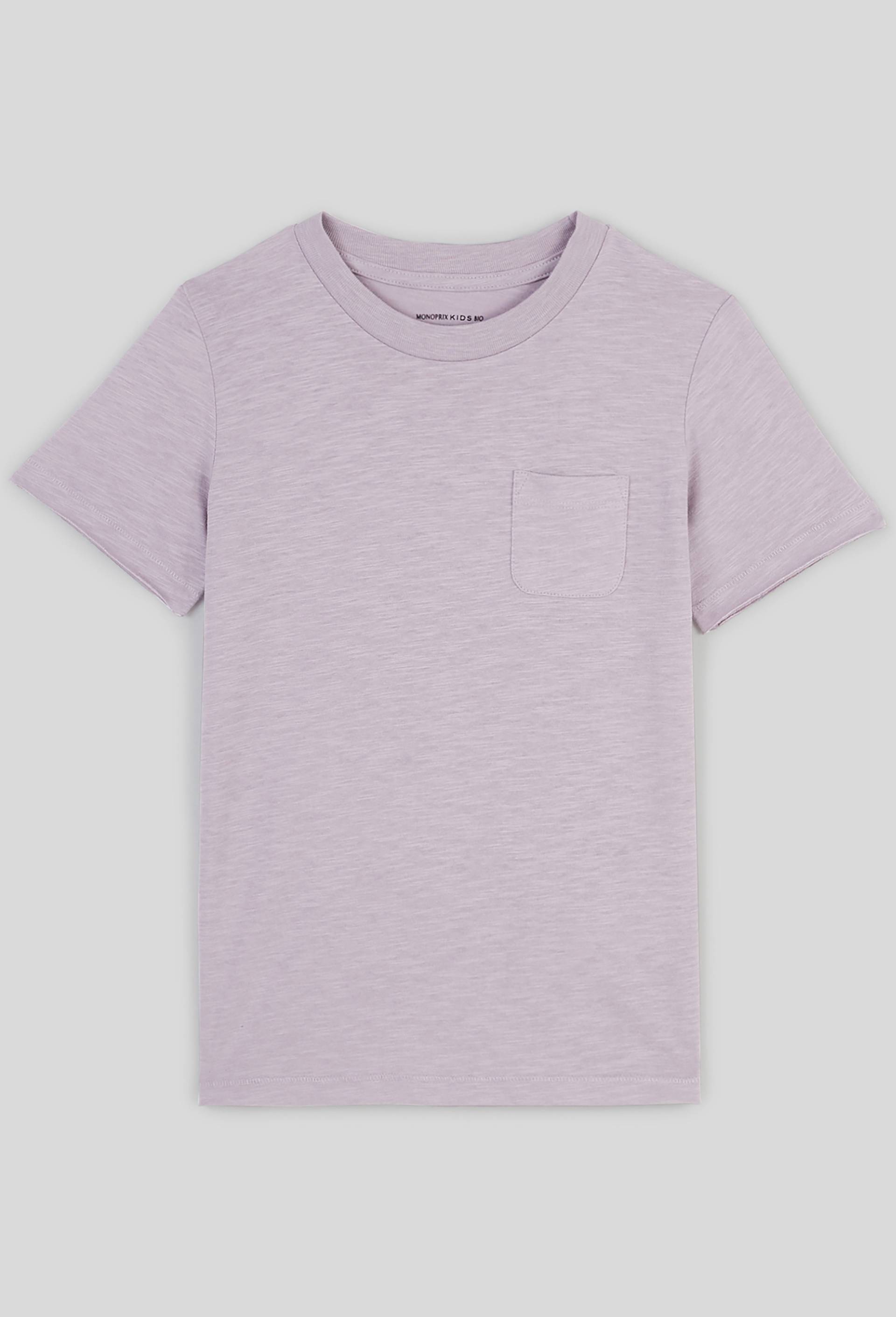 T-shirt manches courtes uni poche poitrine en coton BIO, Violet, large image number 0.0