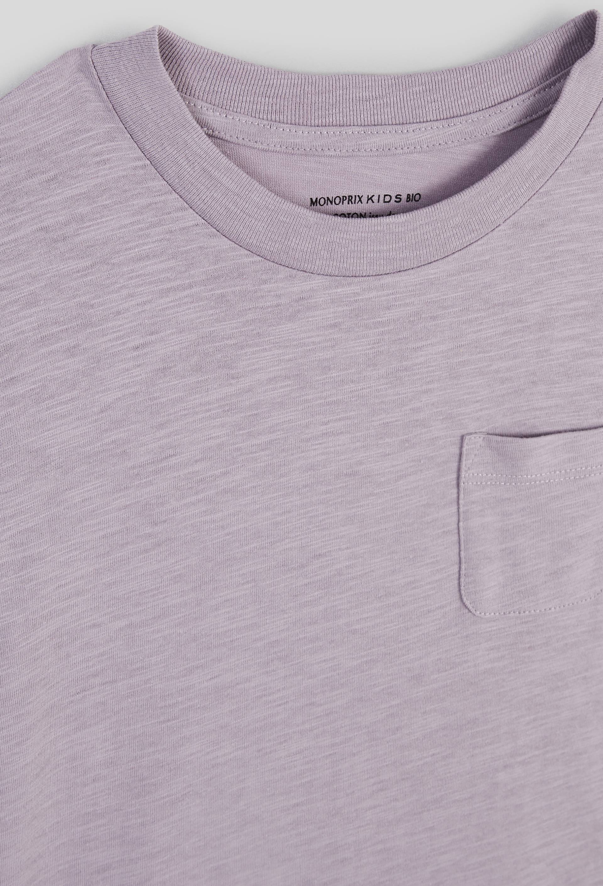 T-shirt manches courtes uni poche poitrine en coton BIO, Violet, large image number 2.0