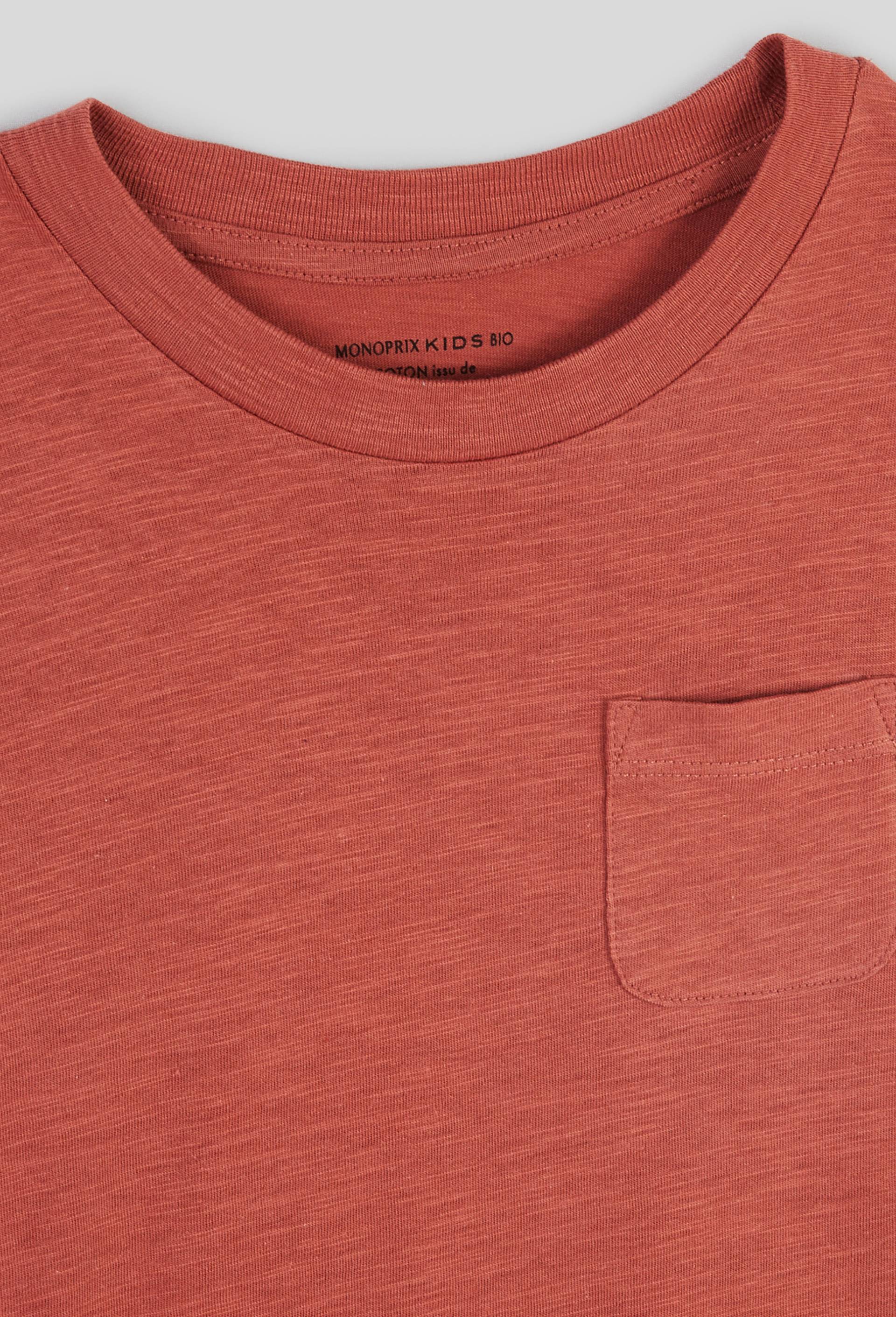 T-shirt manches courtes uni poche poitrine en coton BIO, Rouge foncé, large image number 2