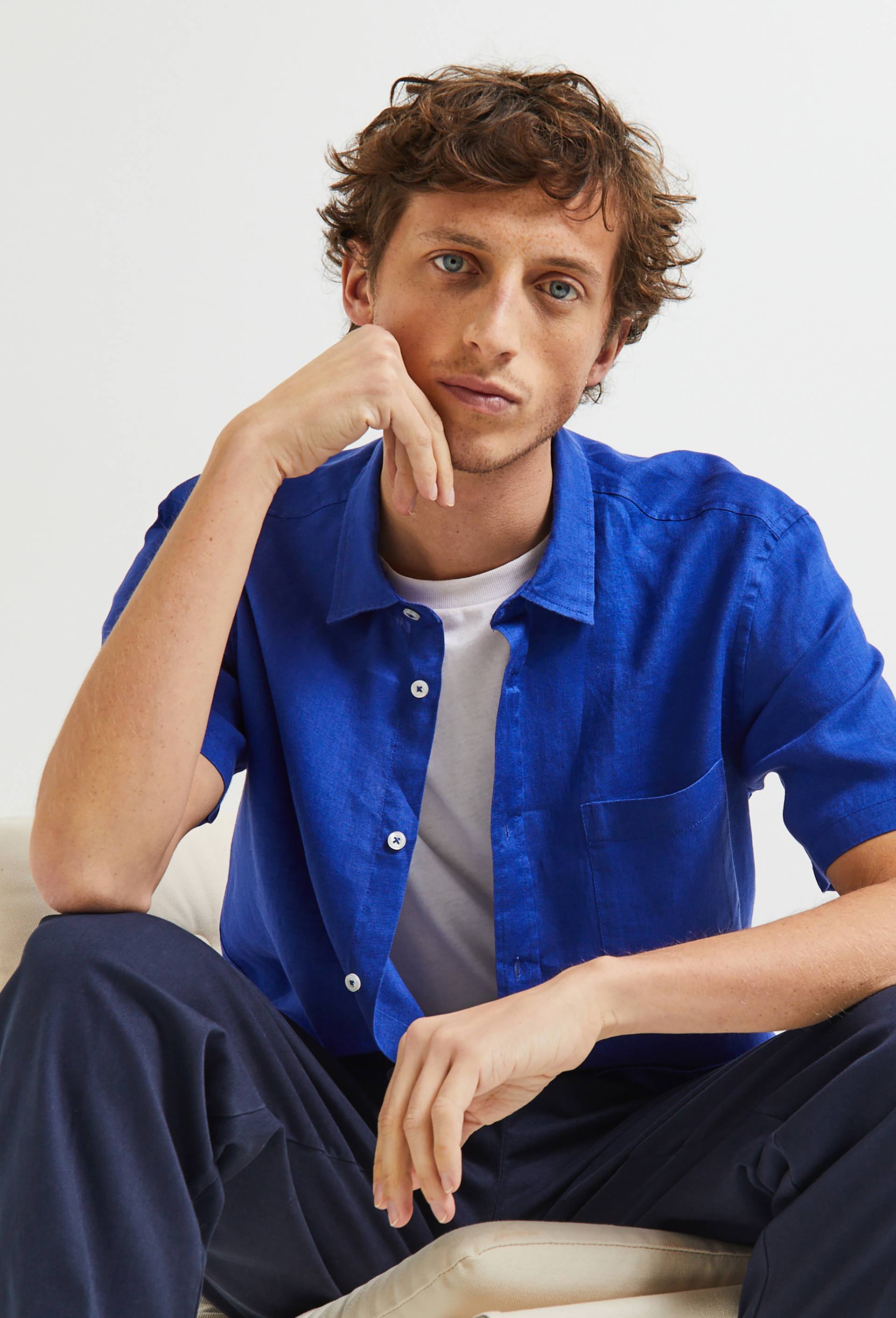 Chemise manches courtes en lin, BLEU, large image number 0.0