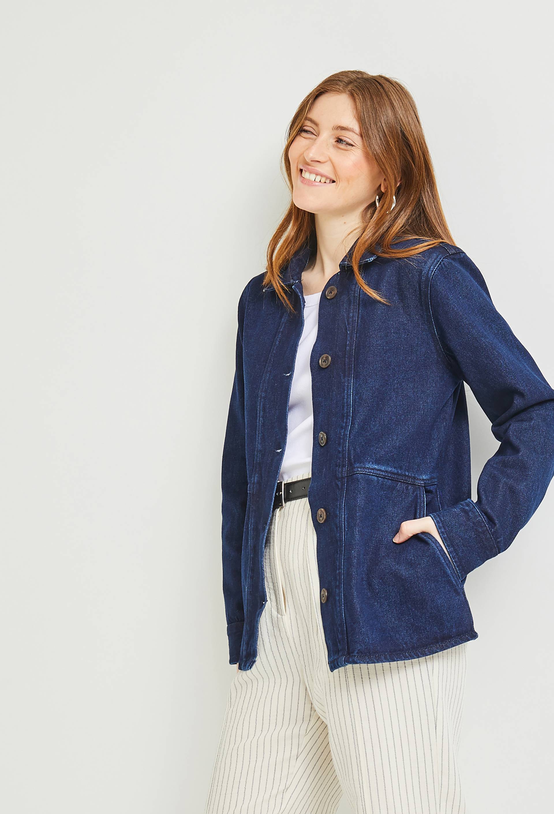 Veste courte boutonnée en denim, certifiée OEKO-TEX, Bleu foncé, large image number 0