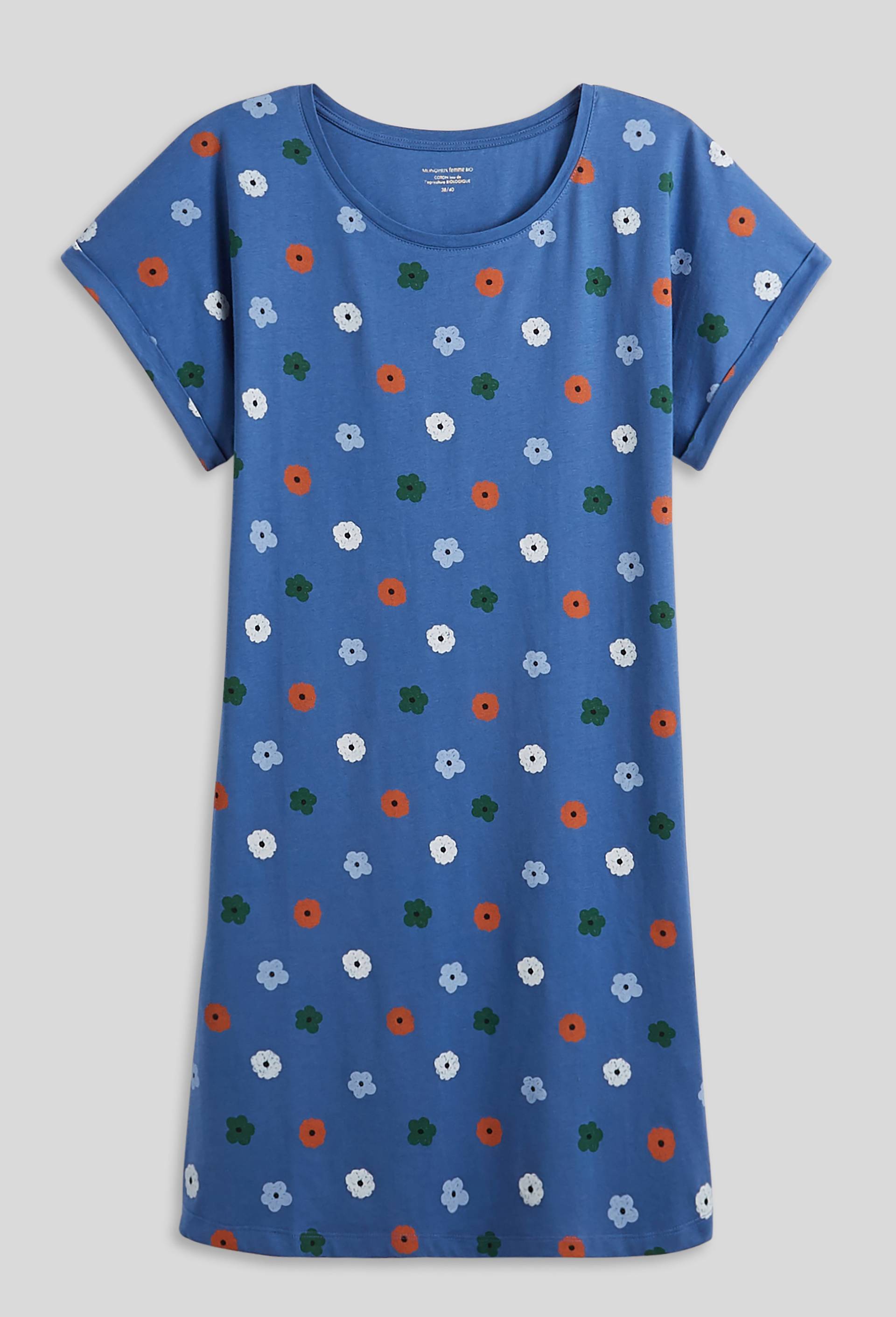 Chemise de nuit manches courtes imprimée en coton, Bio, BLEU, large image number 2