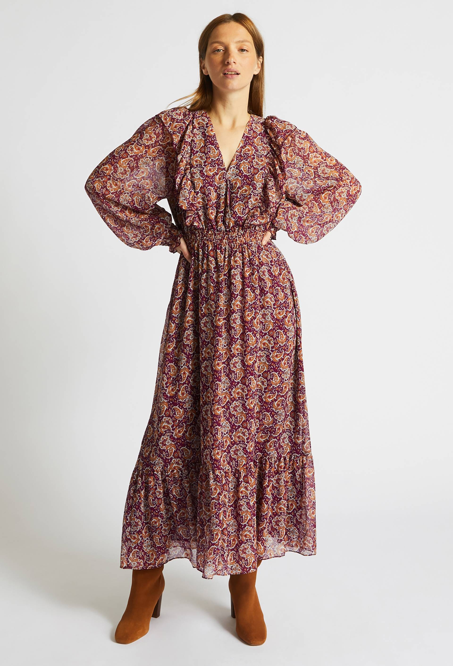 Robe cache coeur ceinture smockée et volants, Polyester recyclé, Violet foncé, large image number 0