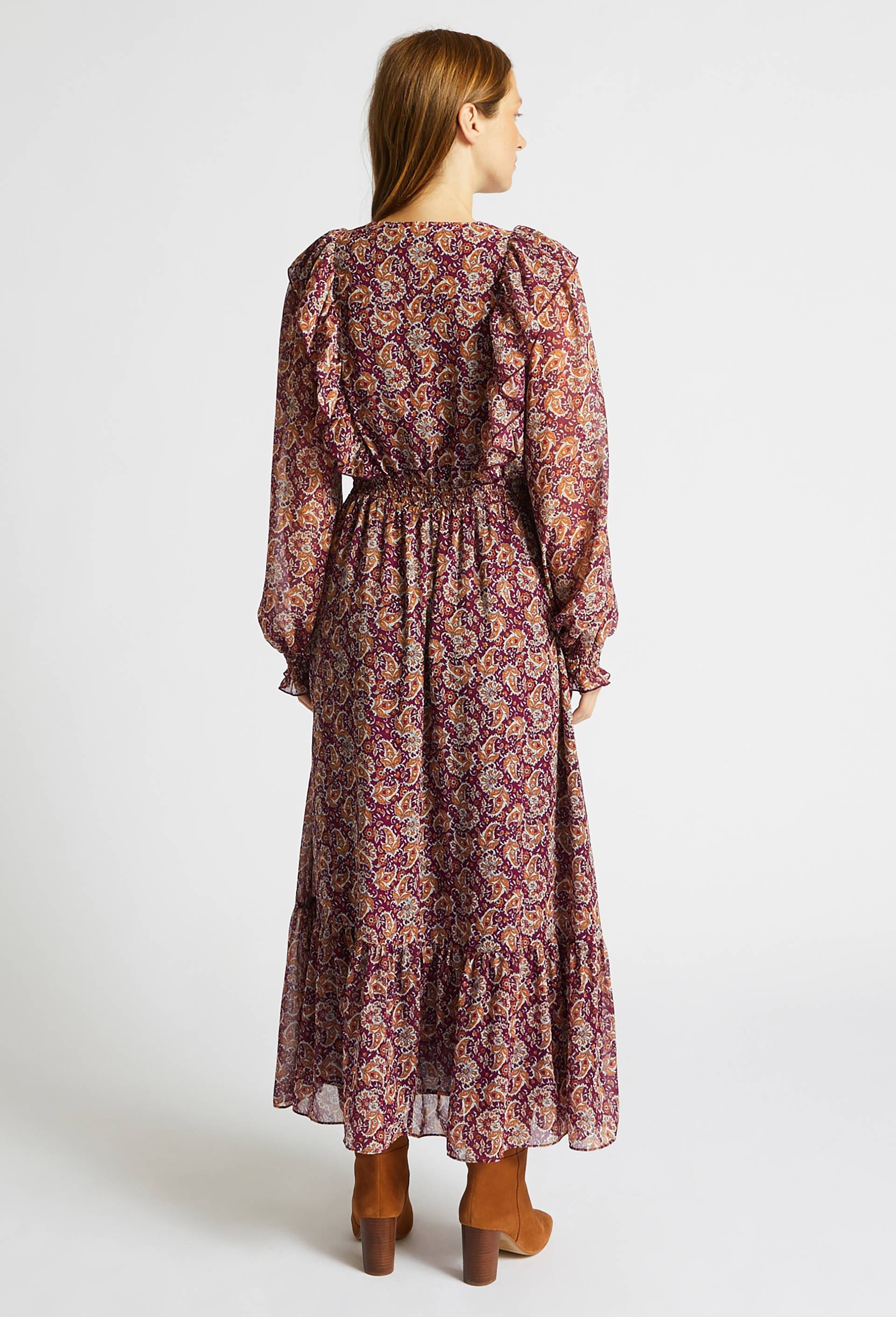 Robe cache coeur ceinture smockée et volants, Polyester recyclé, Violet foncé, large image number 1.0