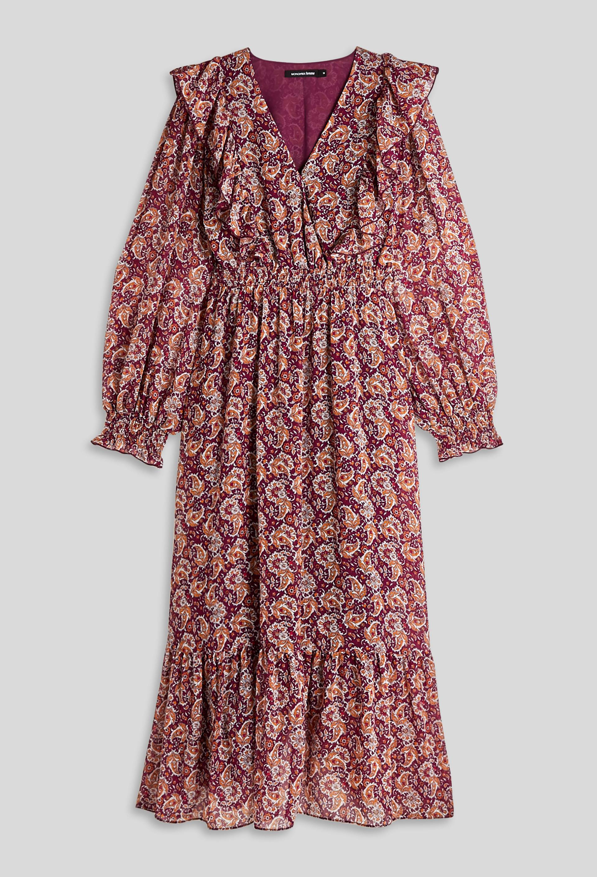 Robe cache coeur ceinture smockée et volants, Polyester recyclé, Violet foncé, large image number 2.0