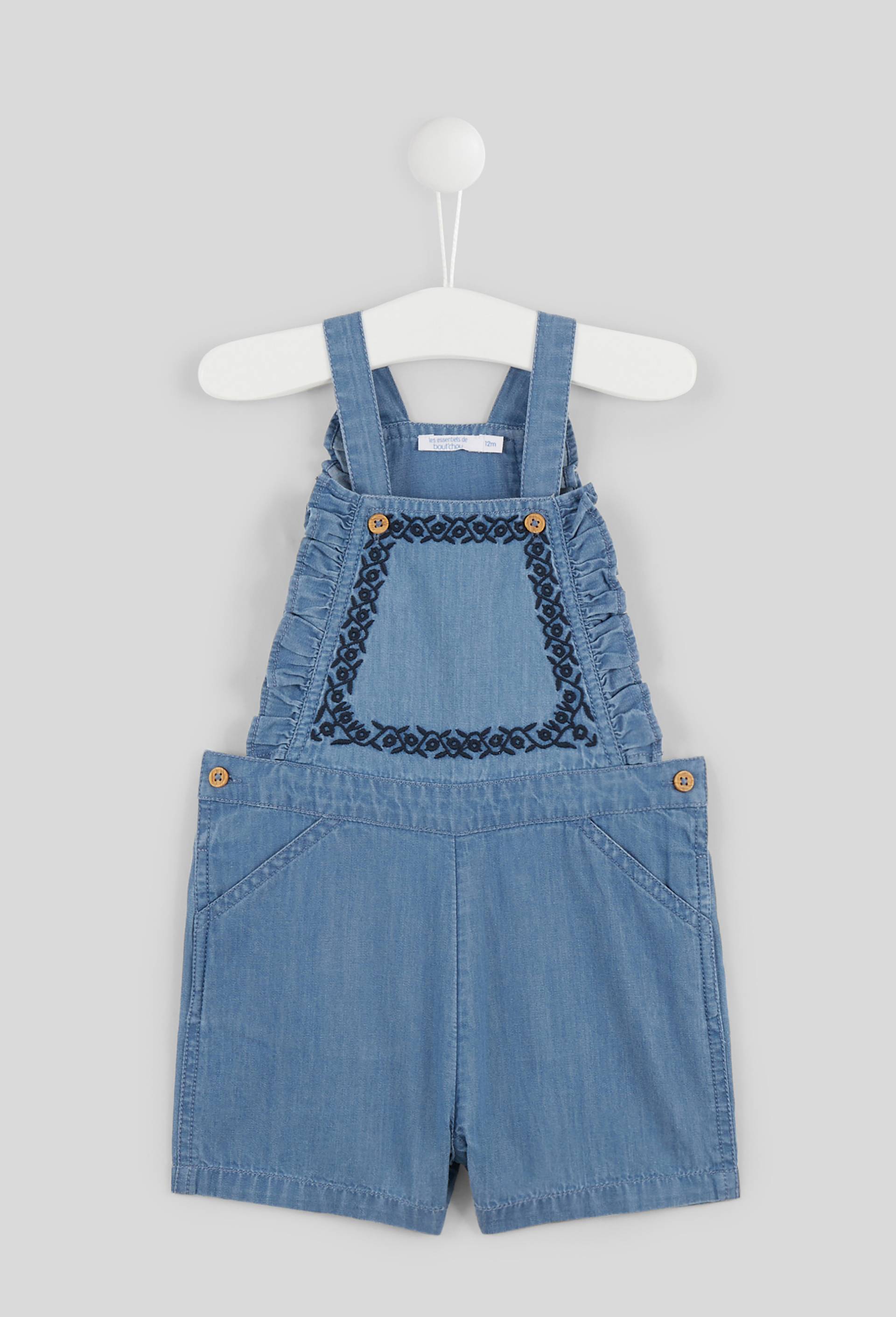 Salopette courte unie en chambray à bretelles, fille, en coton BIO, OEKO-TEX, Bleu clair, large image number 0