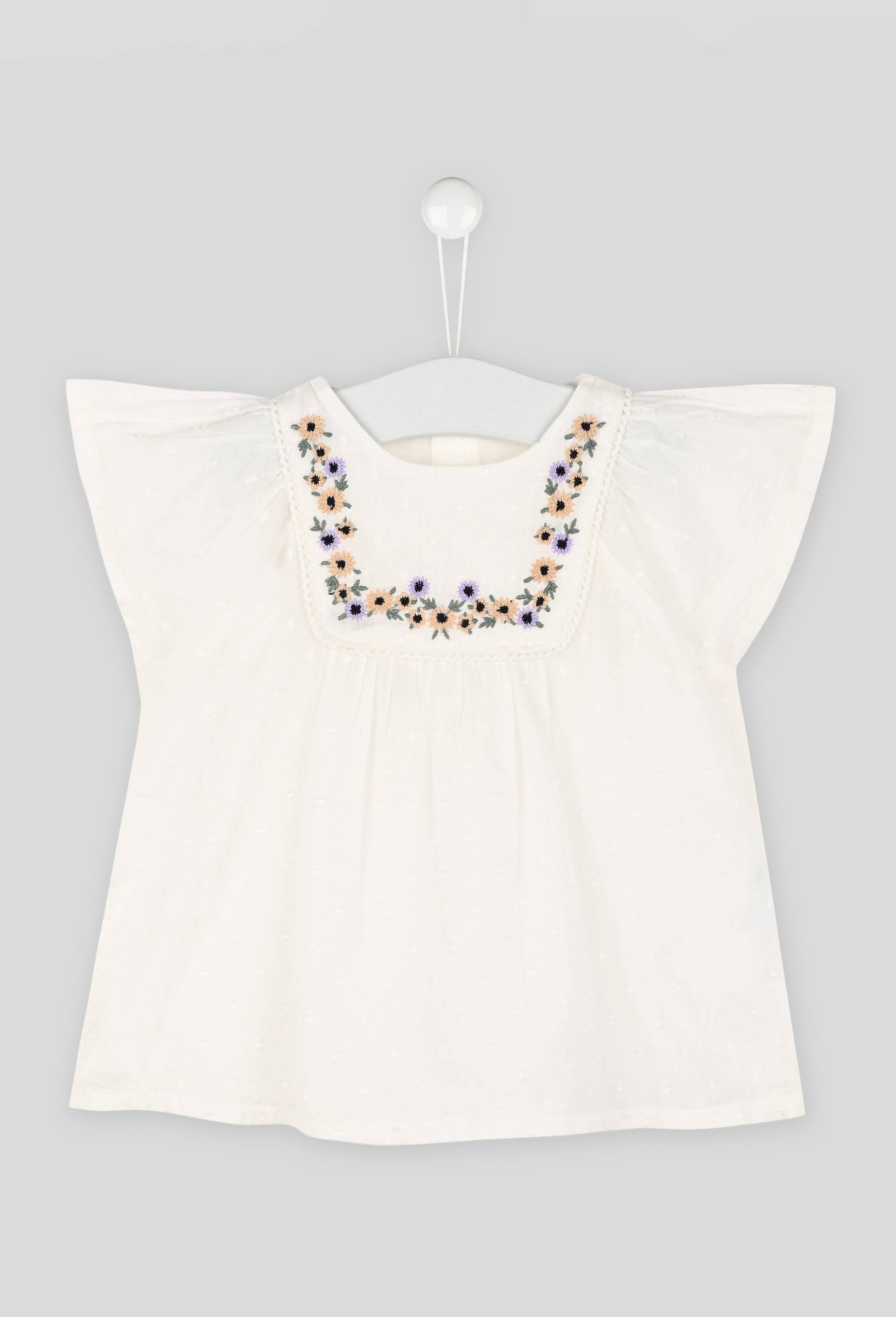 Blouse brodée en plumetis col rond manches courtes, fille, en coton BIO, OEKO-TEX, Ecru, large image number 0