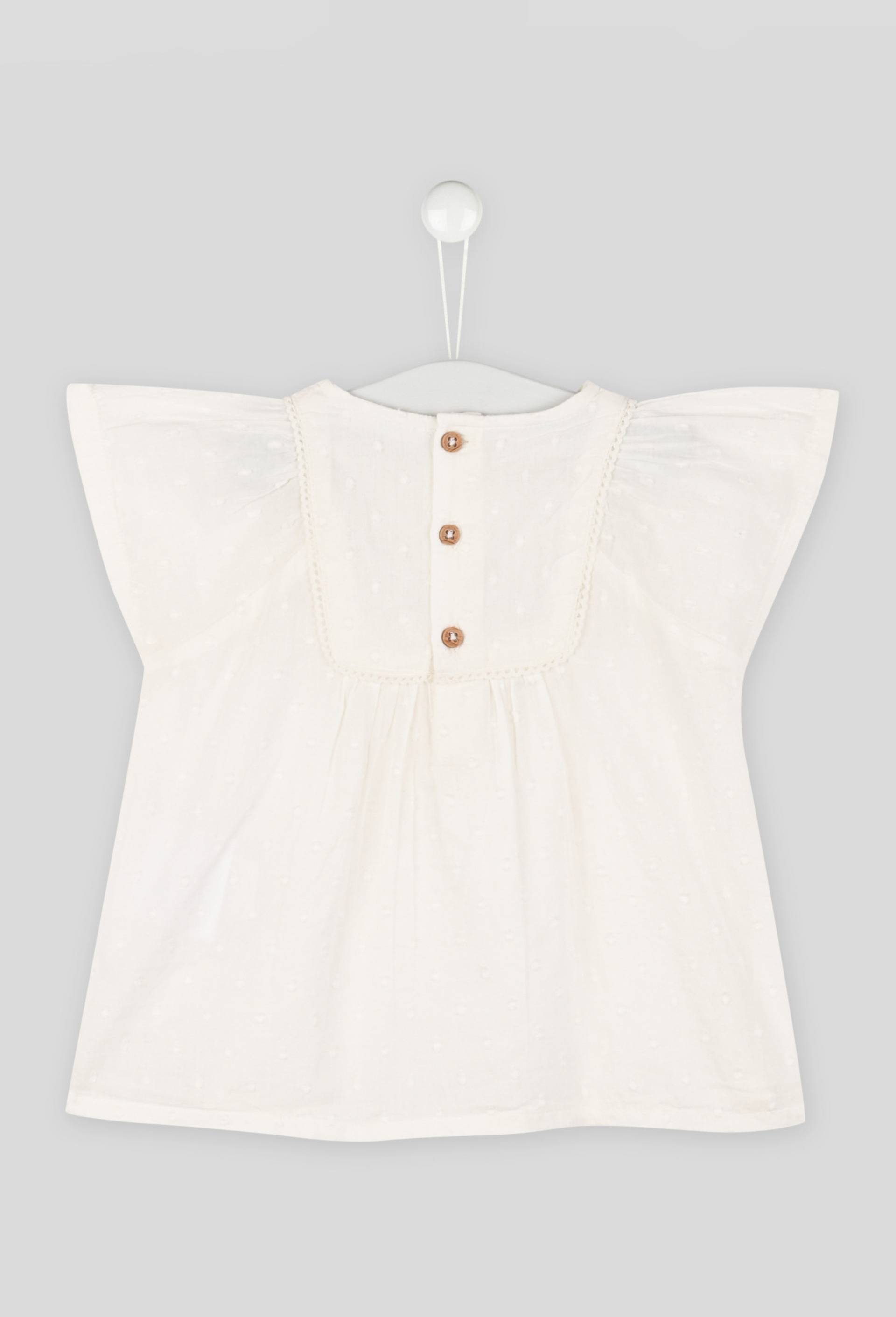 Blouse brodée en plumetis col rond manches courtes, fille, en coton BIO, OEKO-TEX, Ecru, large image number 1