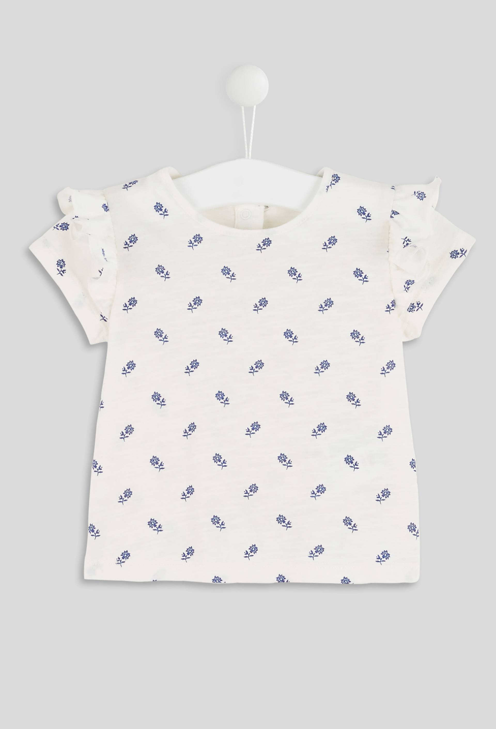 Tee-Shirt imprimé fleurs col rond manches courtes à volants, fille, en coton BIO, OEKO-TEX, BLEU, large image number 0