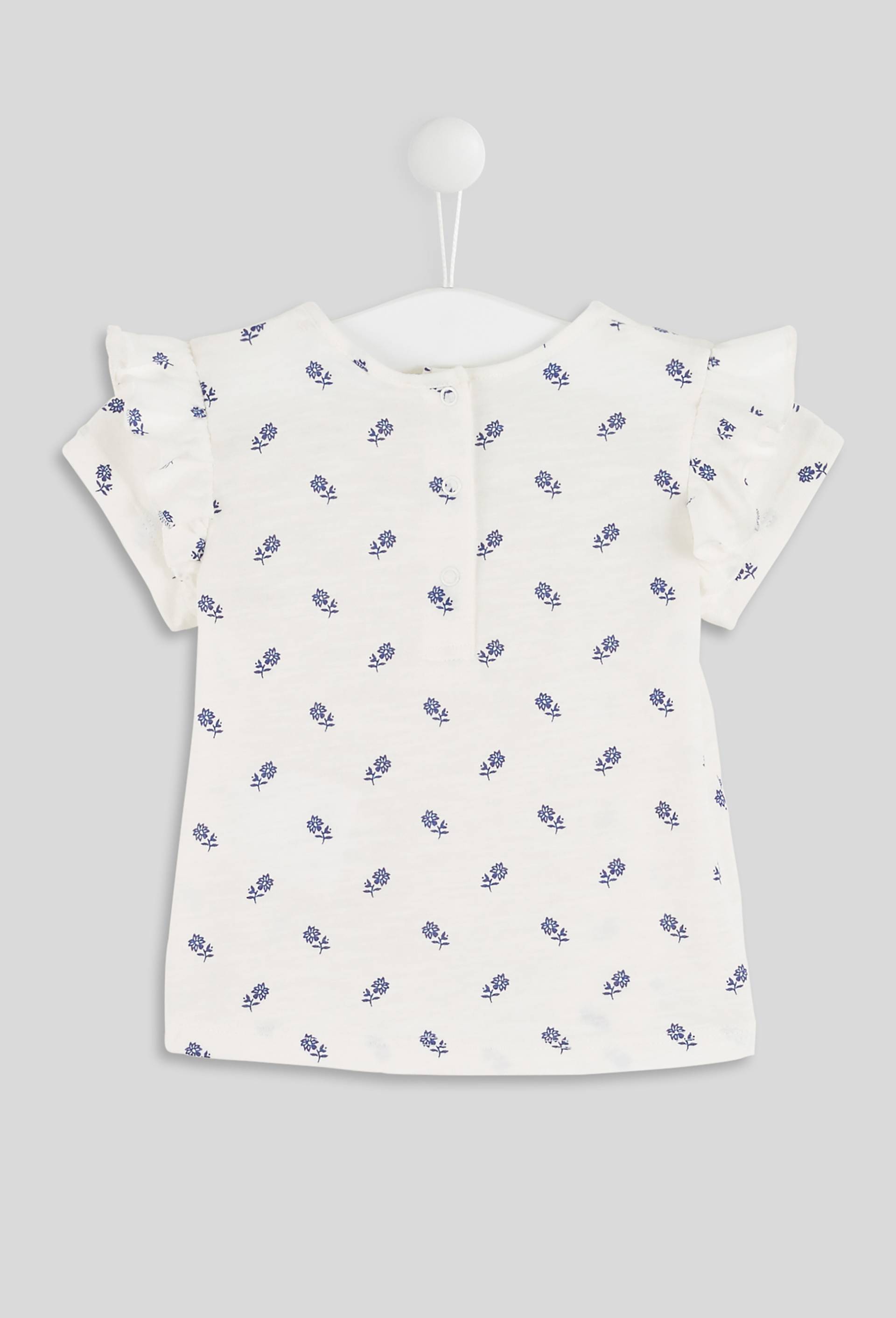 Tee-Shirt imprimé fleurs col rond manches courtes à volants, fille, en coton BIO, OEKO-TEX, BLEU, large image number 1