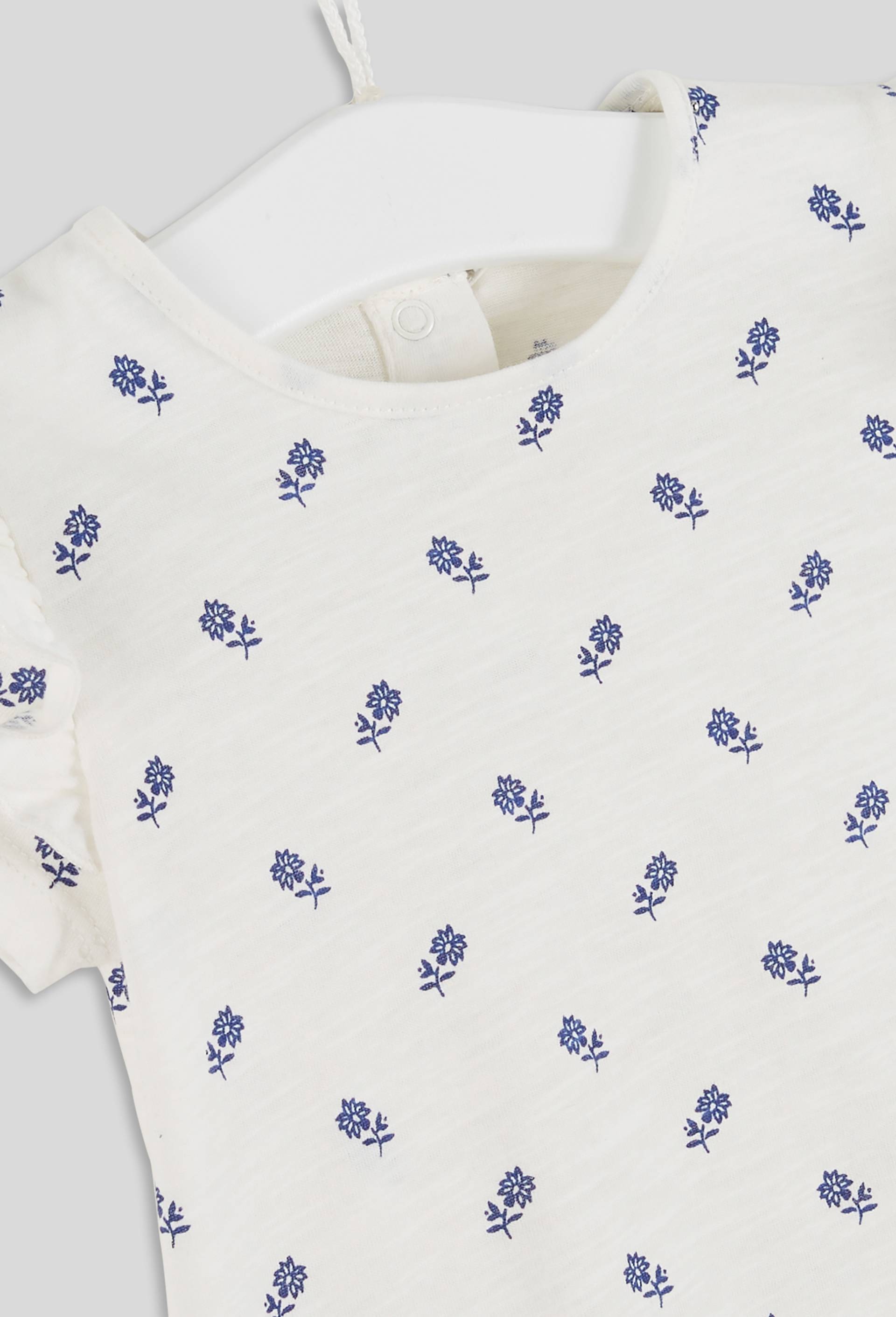 Tee-Shirt imprimé fleurs col rond manches courtes à volants, fille, en coton BIO, OEKO-TEX, BLEU, large image number 2