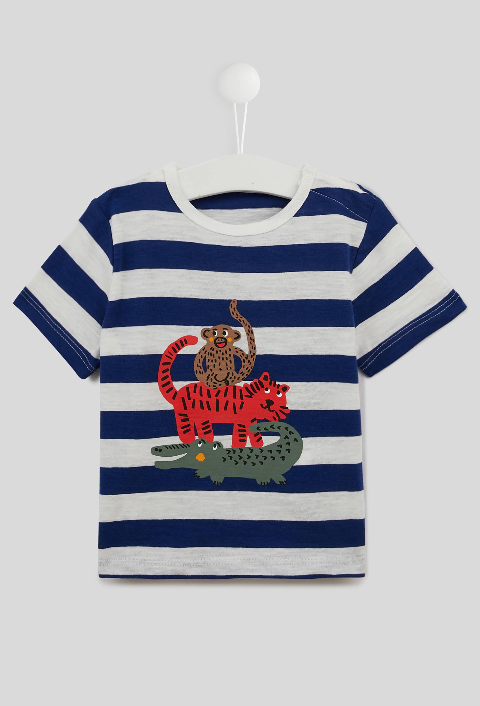 T.shirt rayé imprimé animaux en coton BIO, Oeko-Tex, Bleu, large image number 0.0