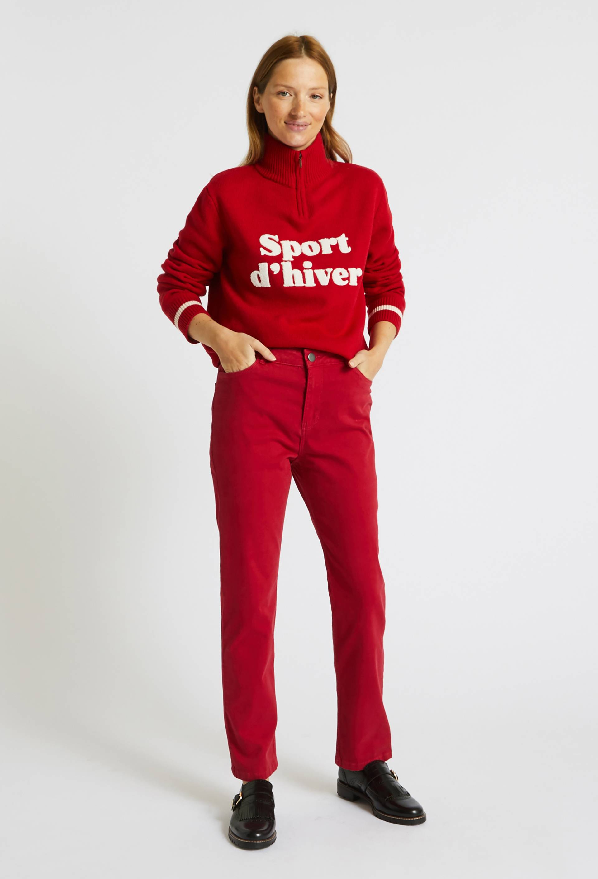 Pantalon droit contenant du coton, Rouge foncé, large image number 0