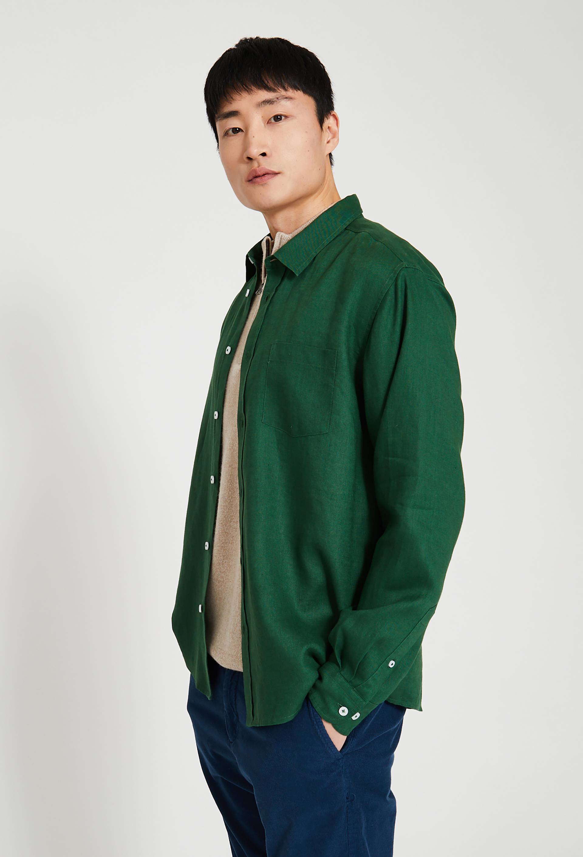 Chemise manches longues en lin, Vert foncé, swatch image