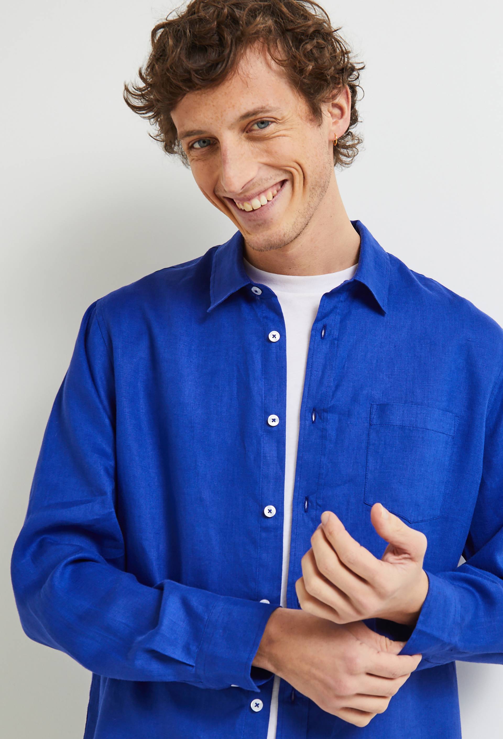 Chemise manches longues en lin, BLEU, large image number 0.0